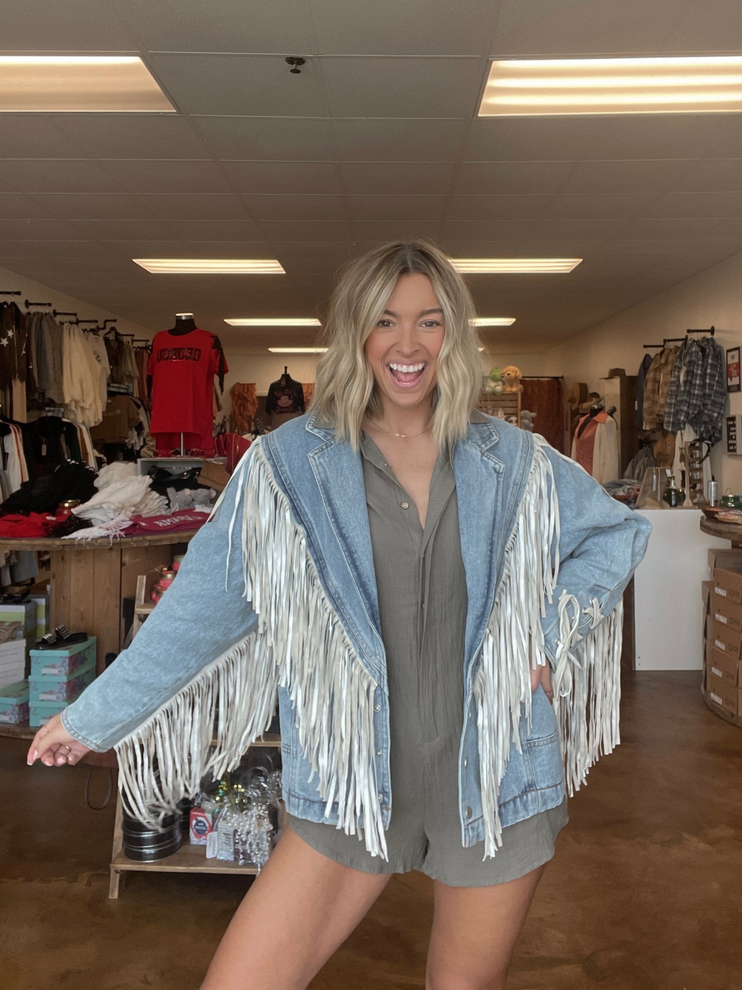 Oversized Denim Fringe Jacket