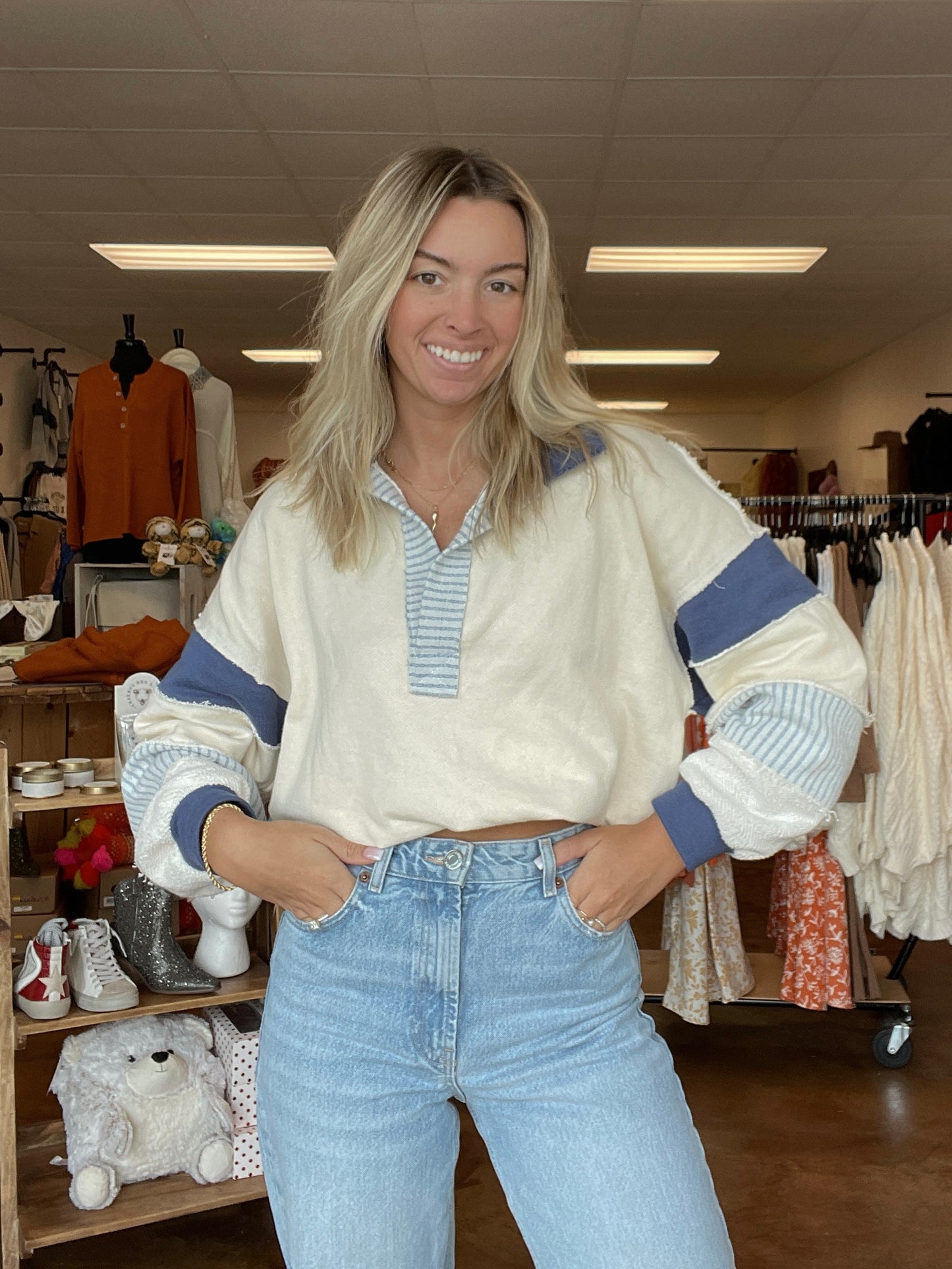 French Terry Knit Color-Block Pullover - cream/navy