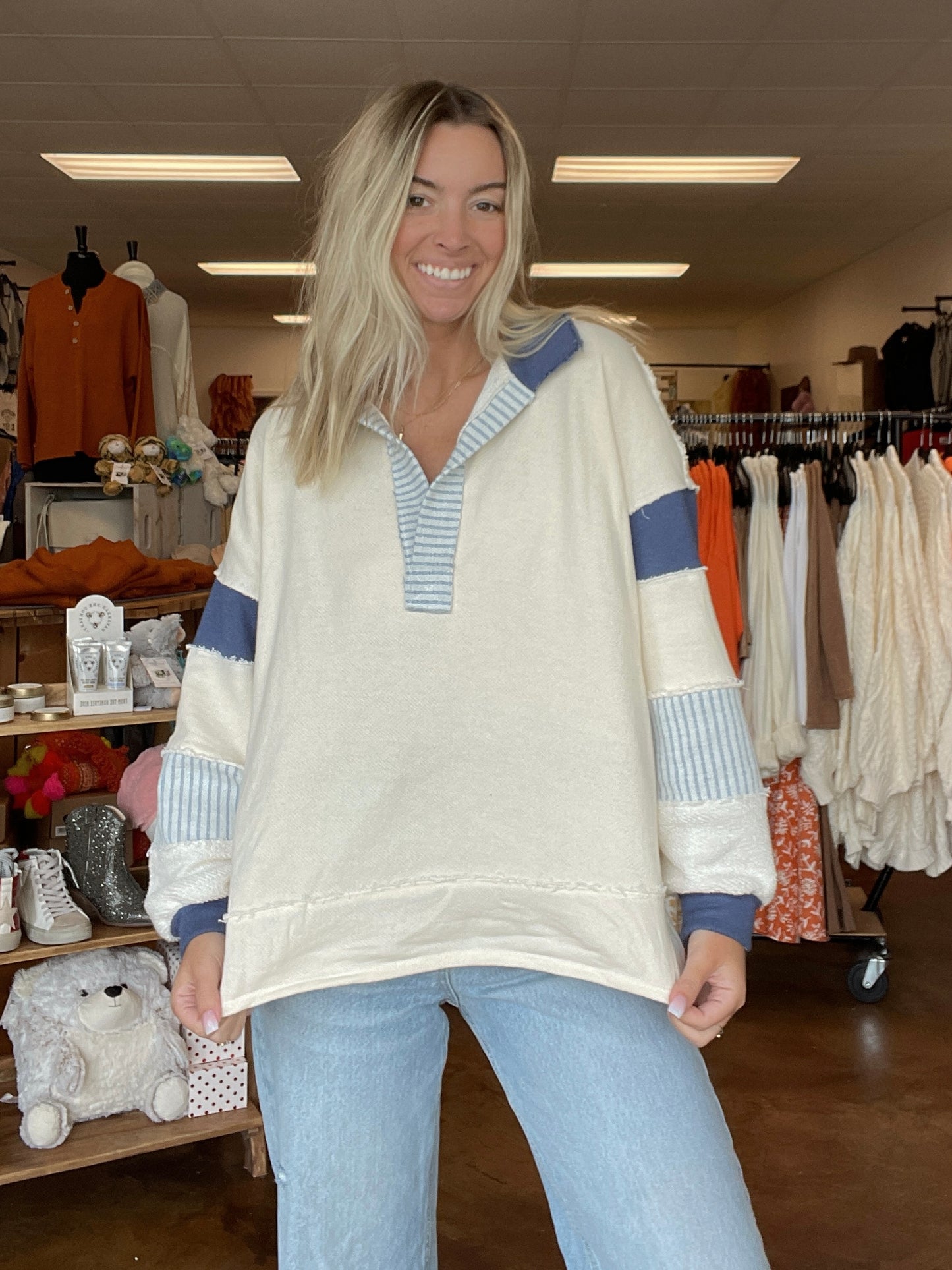 French Terry Knit Color-Block Pullover - cream/navy