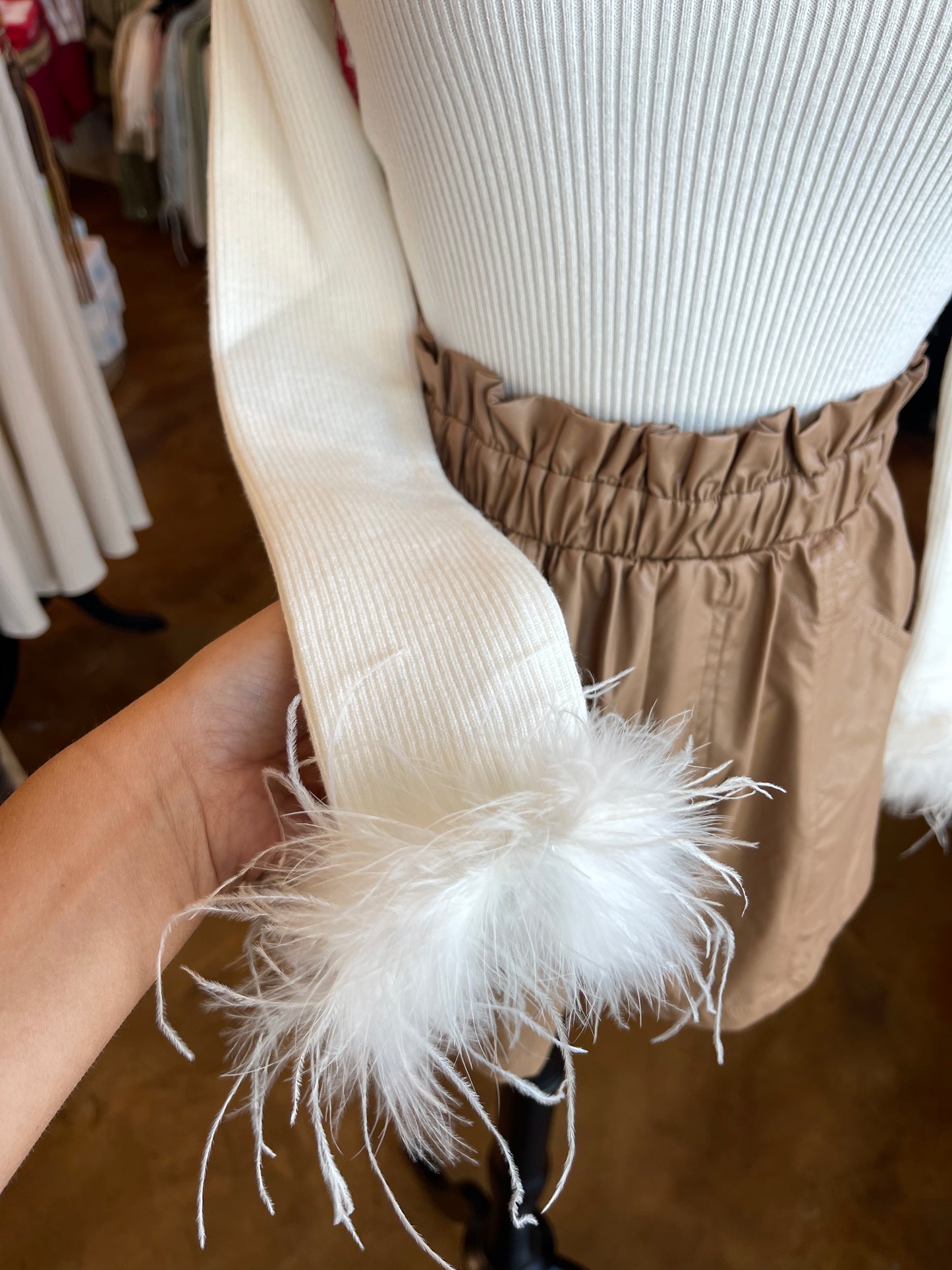 Off White Sweater with Fur Trim Sleeve