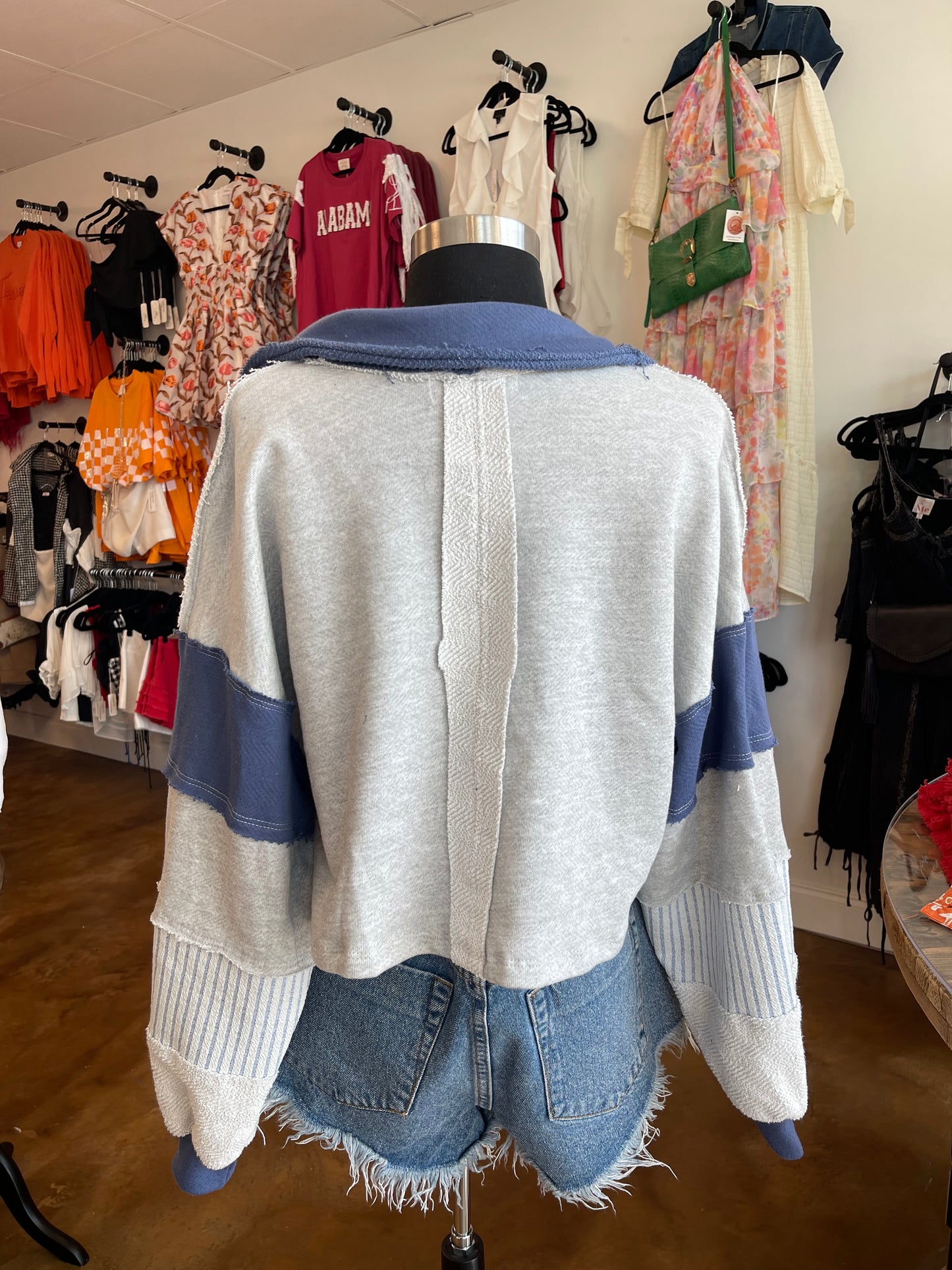 Cropped French Terry Navy Colorblock Pullover Gray/Navy