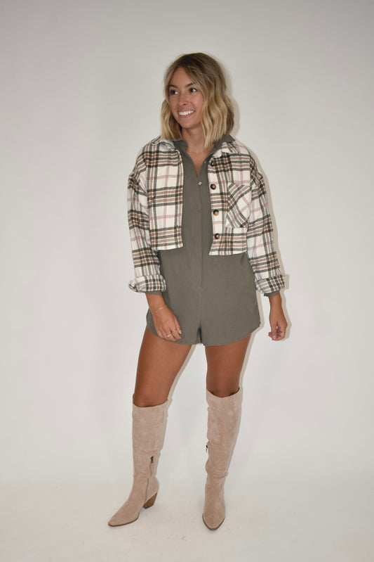 White & Olive Cropped Flannel Jacket