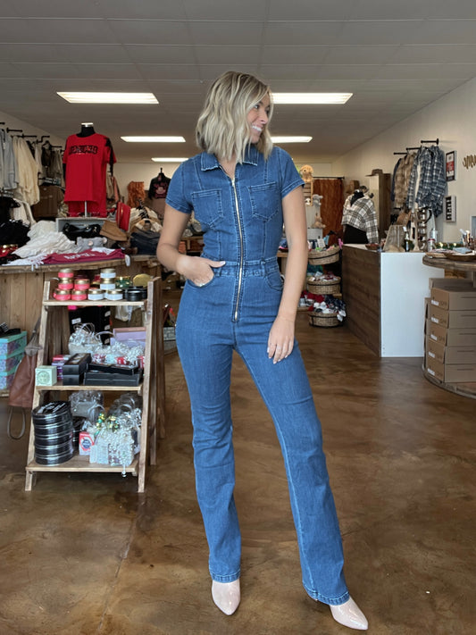 Short Sleeve Denim Jumpsuit