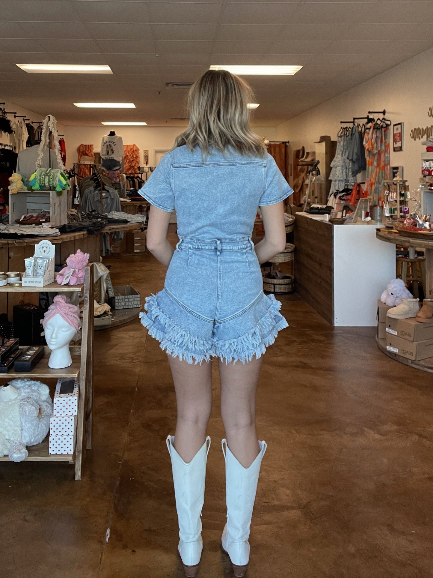 Ruffle Hem Denim Romper