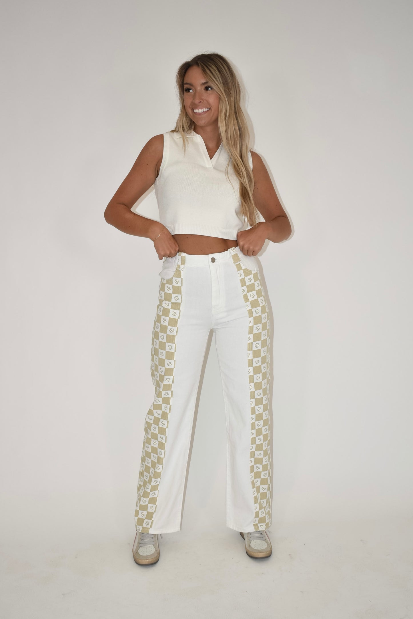 Two Tone Flower Checkered Pants