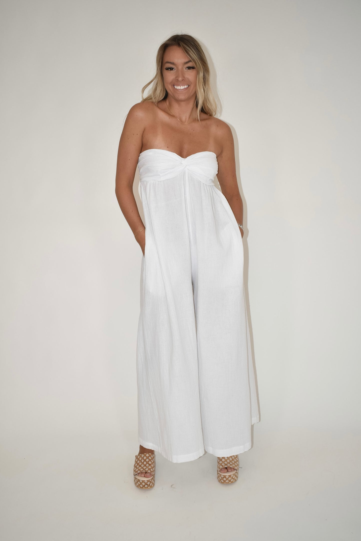 White Strapless Gauze Jumpsuit