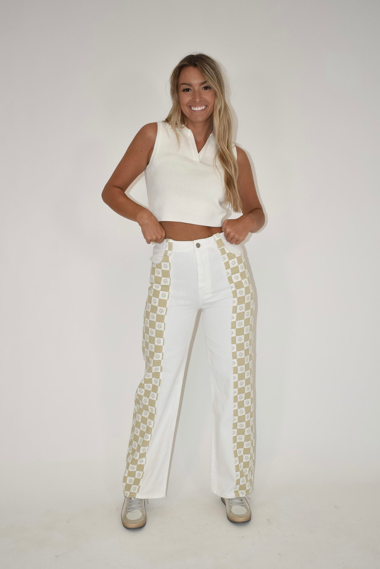 Two Tone Flower Checkered Pants