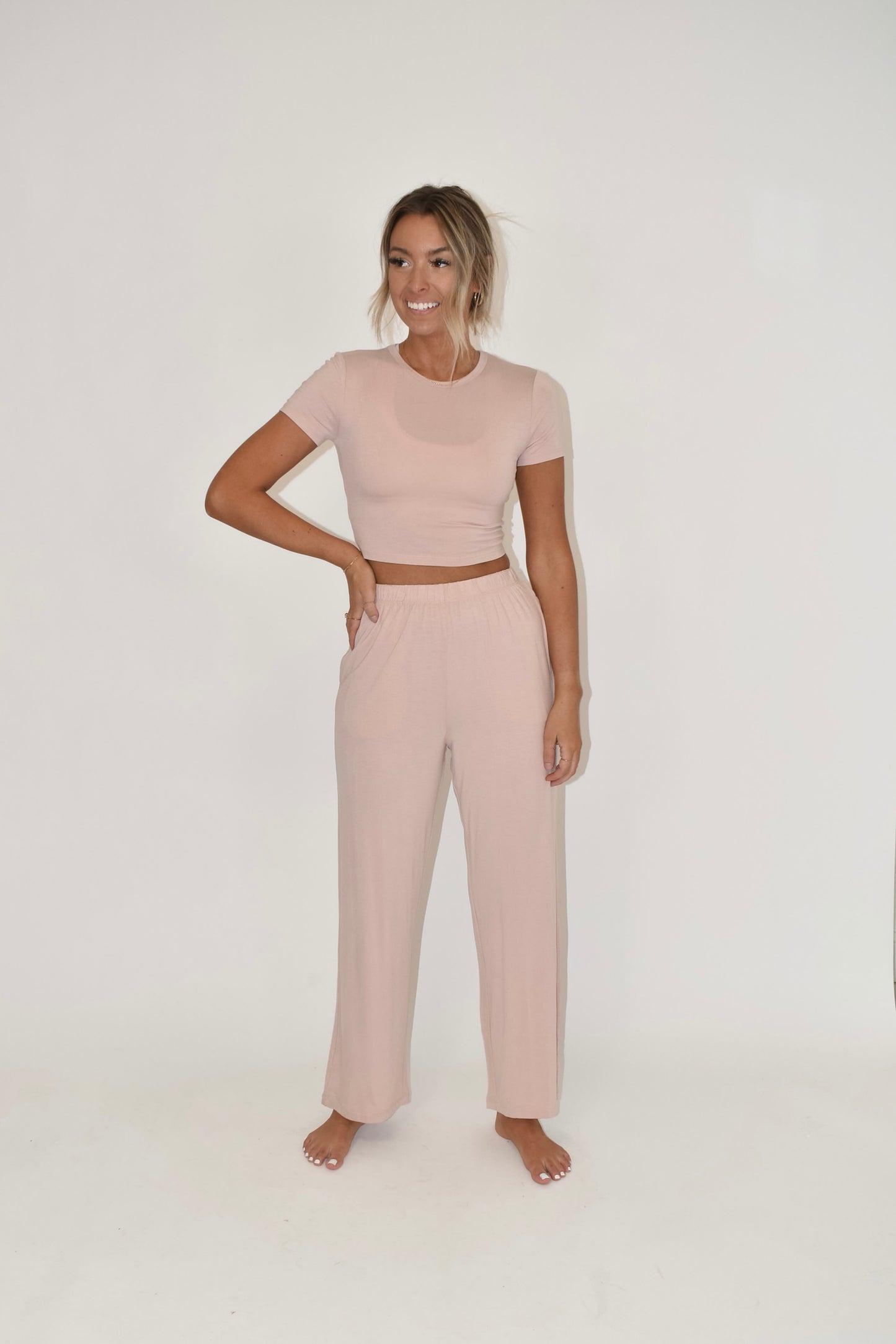 Light Pink Short Sleeve Crop Top (part of a matching set)