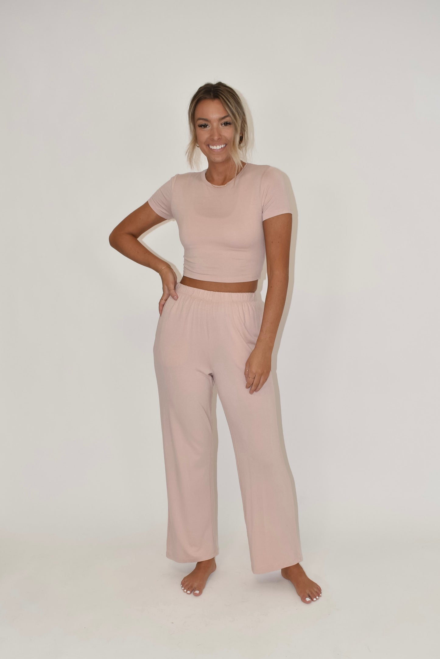 Light Pink Short Sleeve Crop Top (part of a matching set)