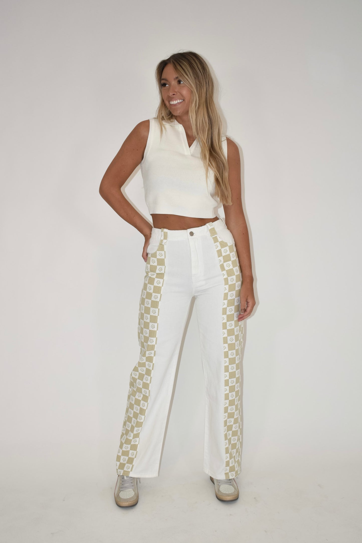 Two Tone Flower Checkered Pants