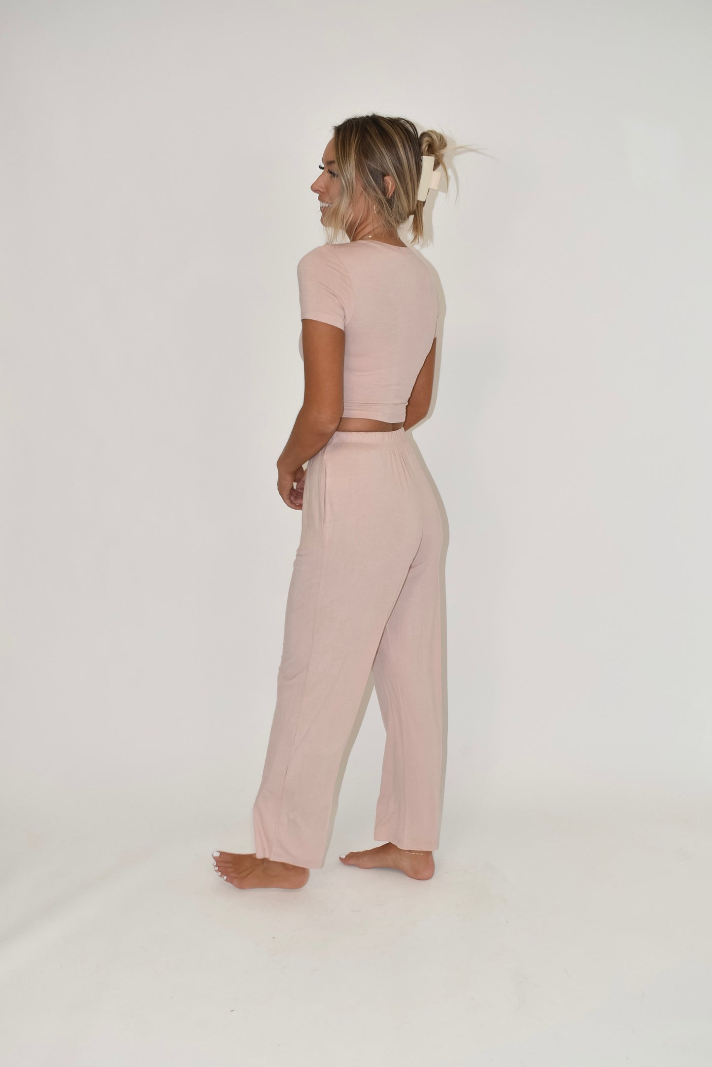 Light Pink Short Sleeve Crop Top (part of a matching set)