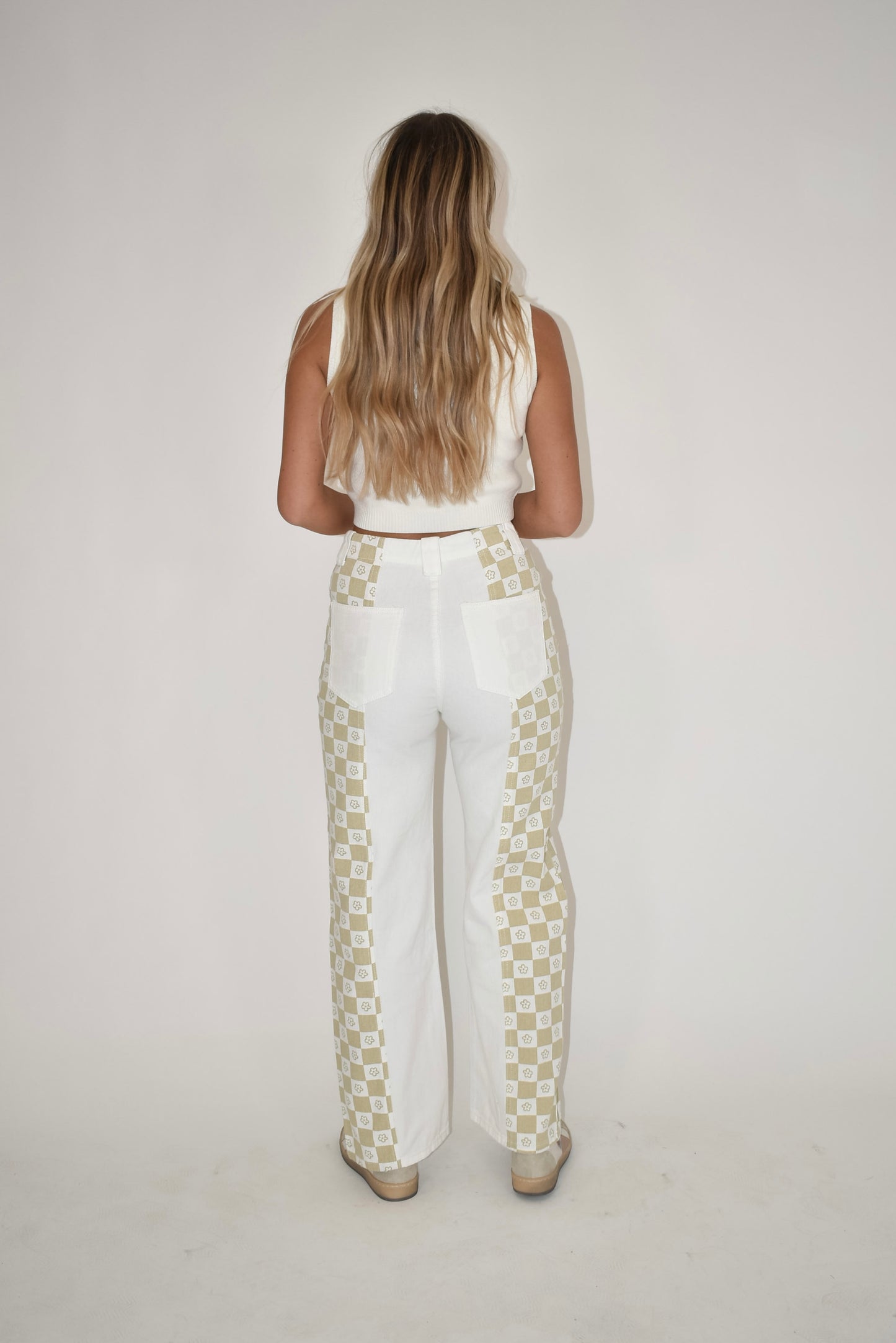 Two Tone Flower Checkered Pants