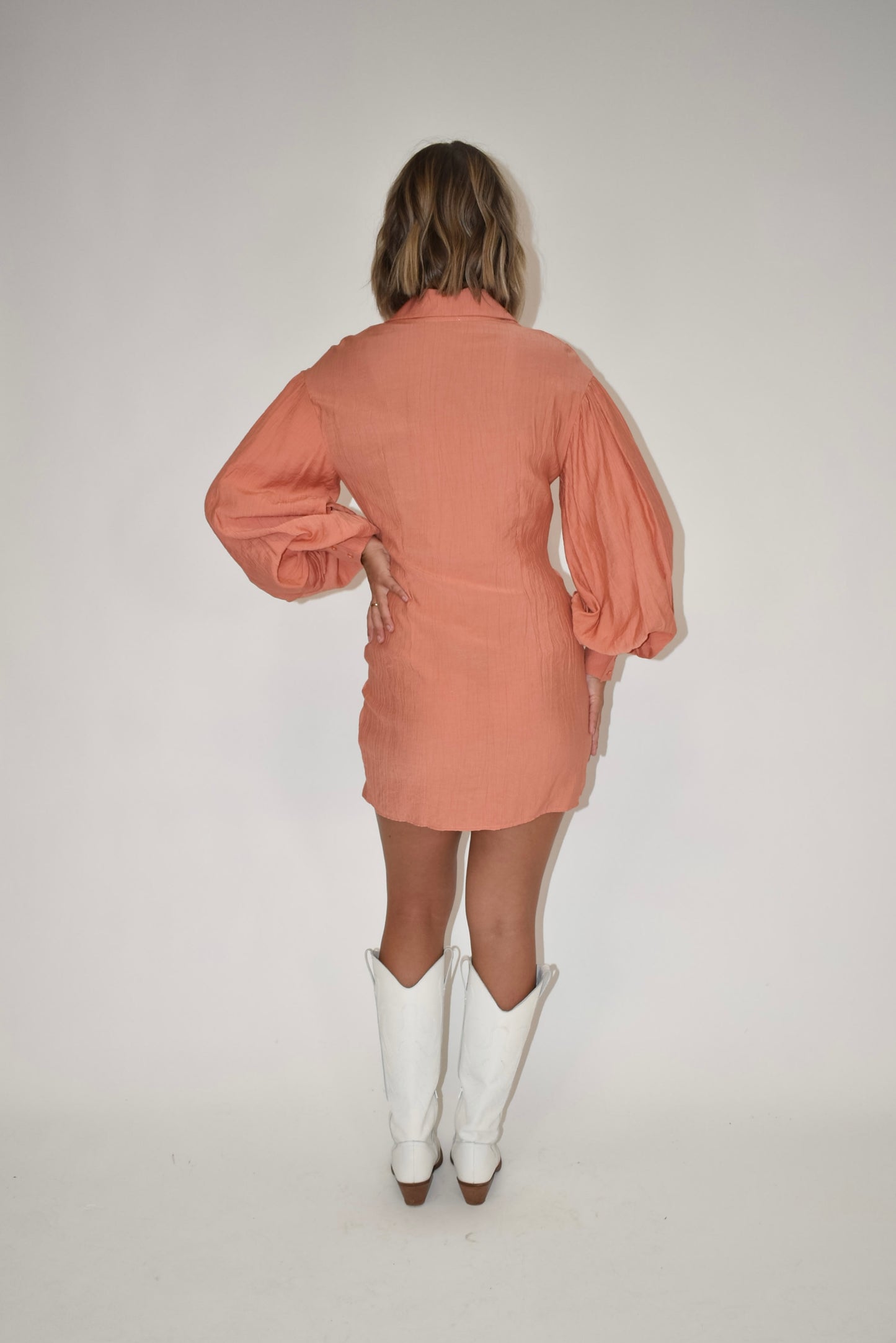 Apricot Button Up Balloon Sleeve Dress