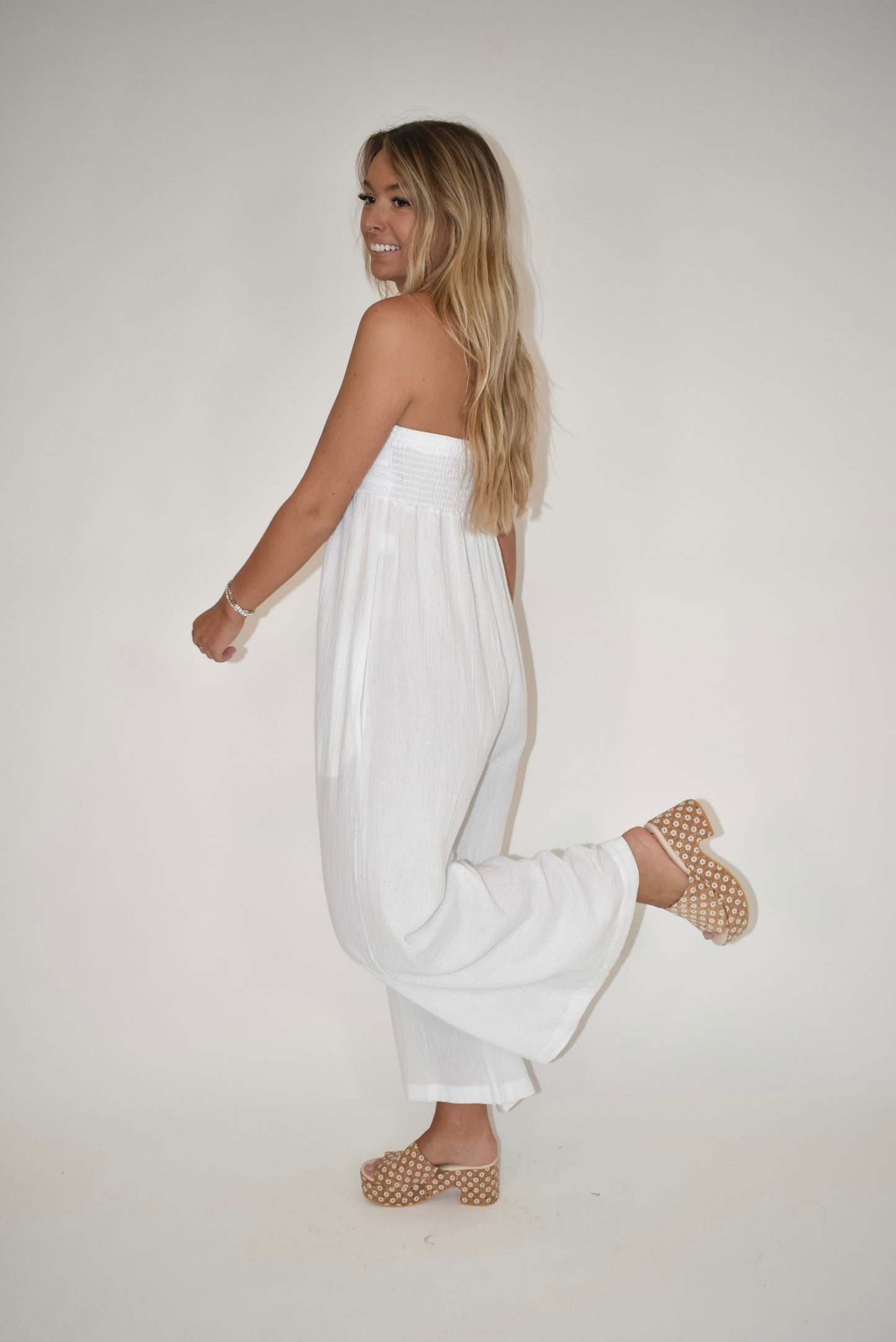 White Strapless Gauze Jumpsuit