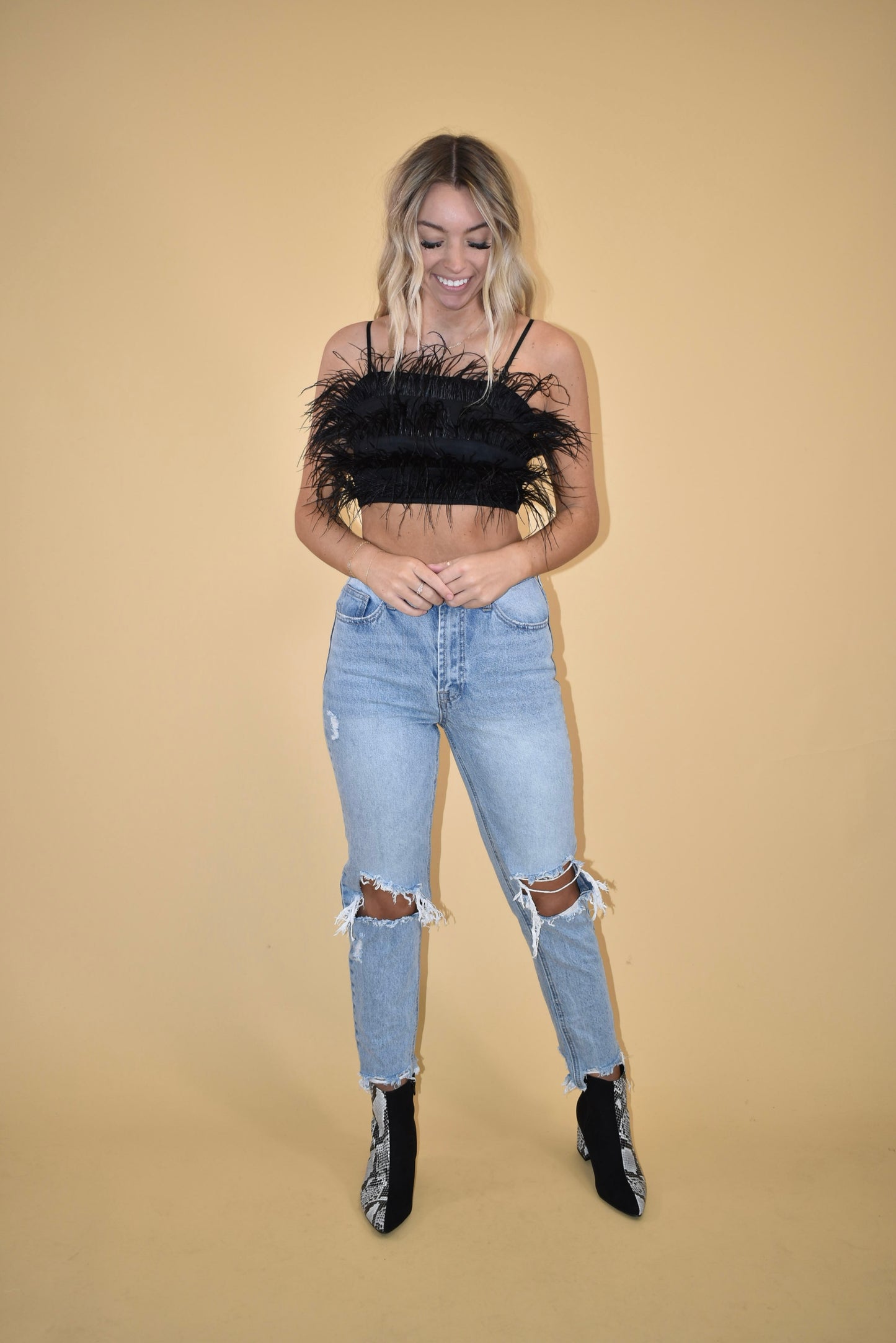 Black Suede Feather Crop Top