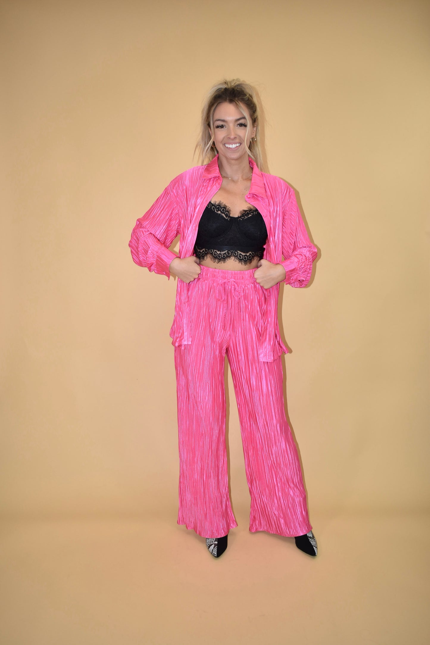 Hot Pink Pleated Wide Leg Pants (part of a matching set)