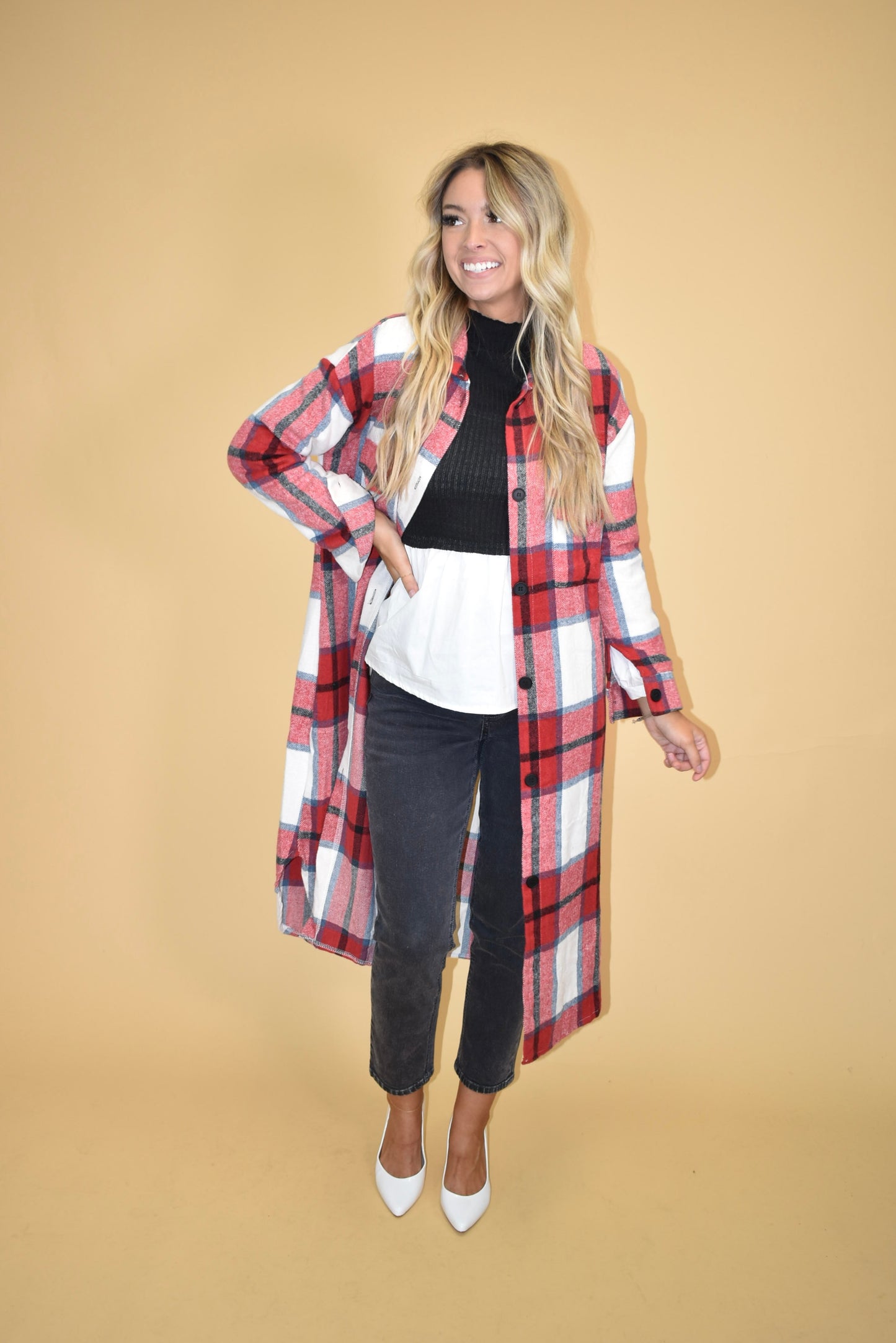 Red Flannel Coat Round Hemline