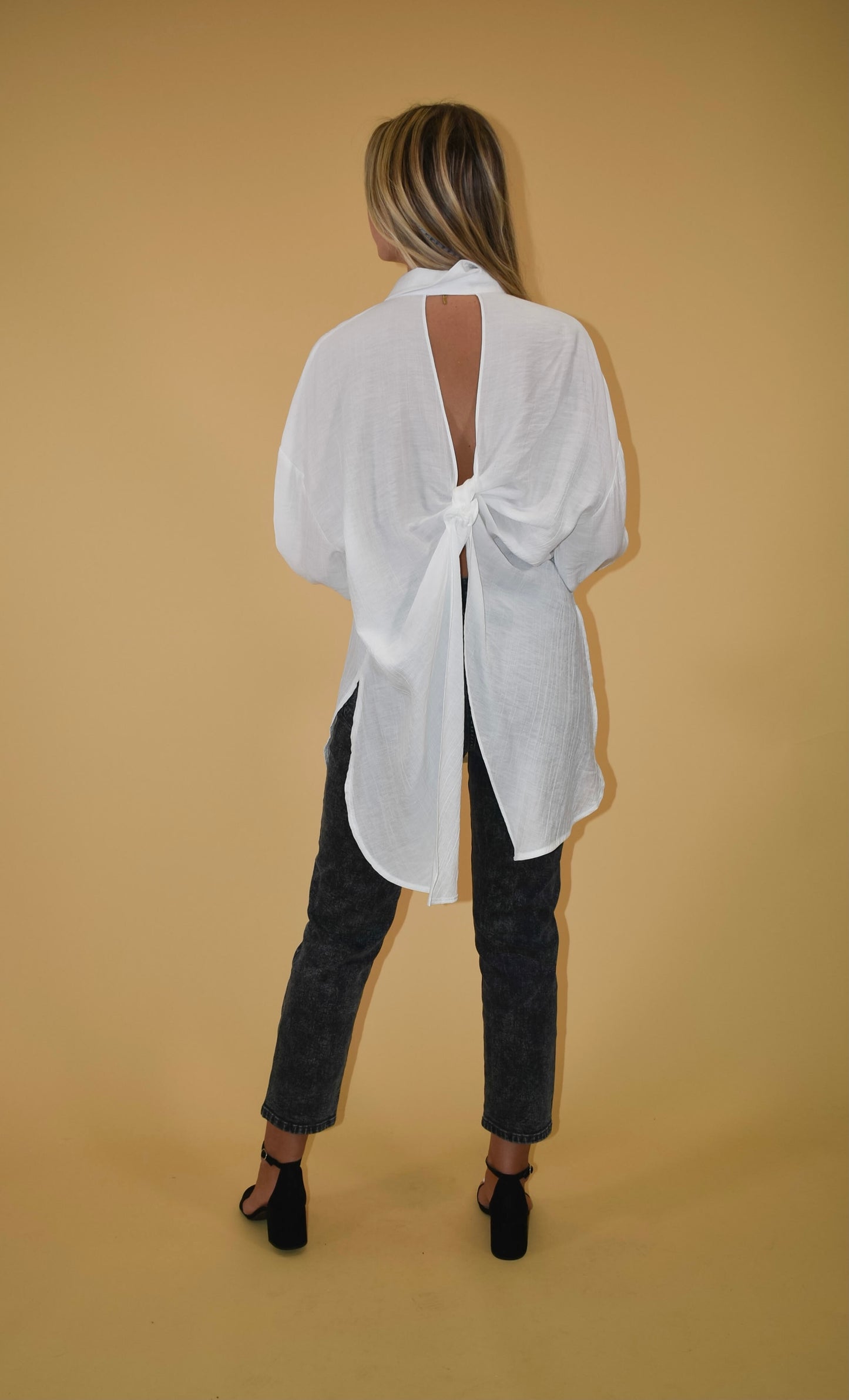 White Open Back Button Up Blouse