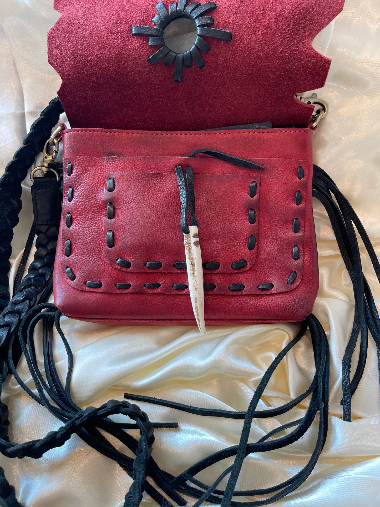 Red Leather Fringe Purse with Braided Strap - American Darling