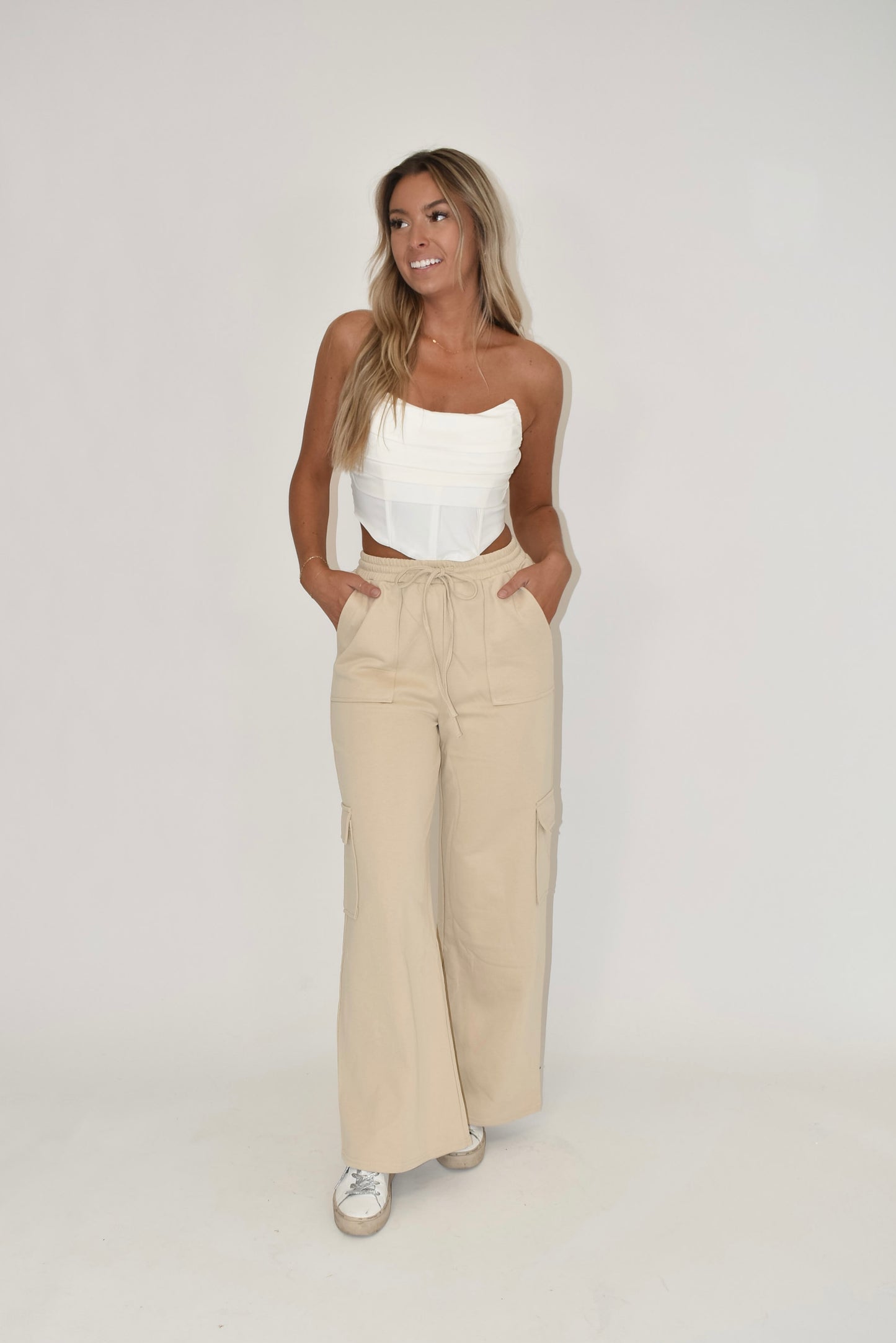 Beige Straight Leg Cargo Pants