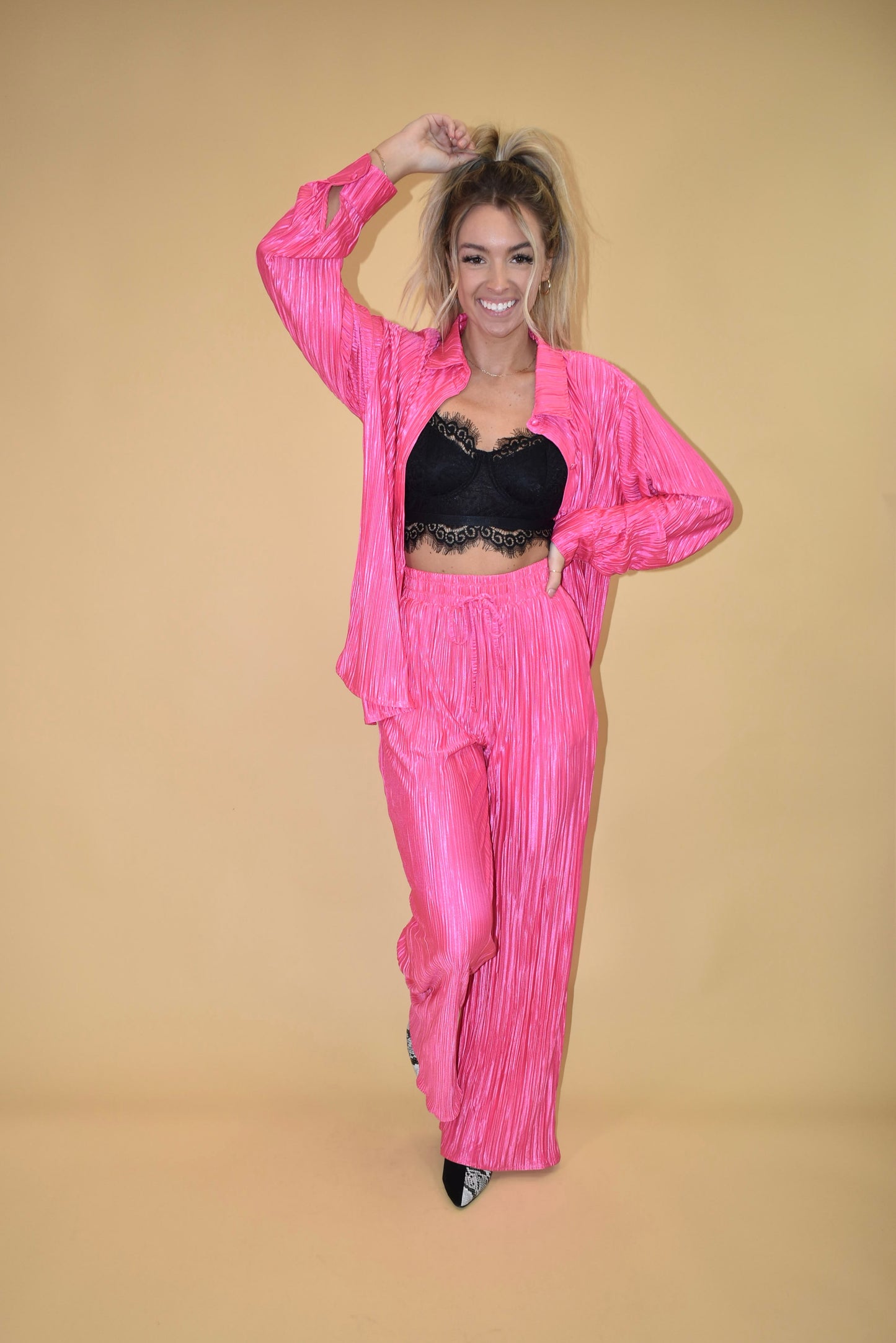 Hot Pink Pleated Wide Leg Pants (part of a matching set)