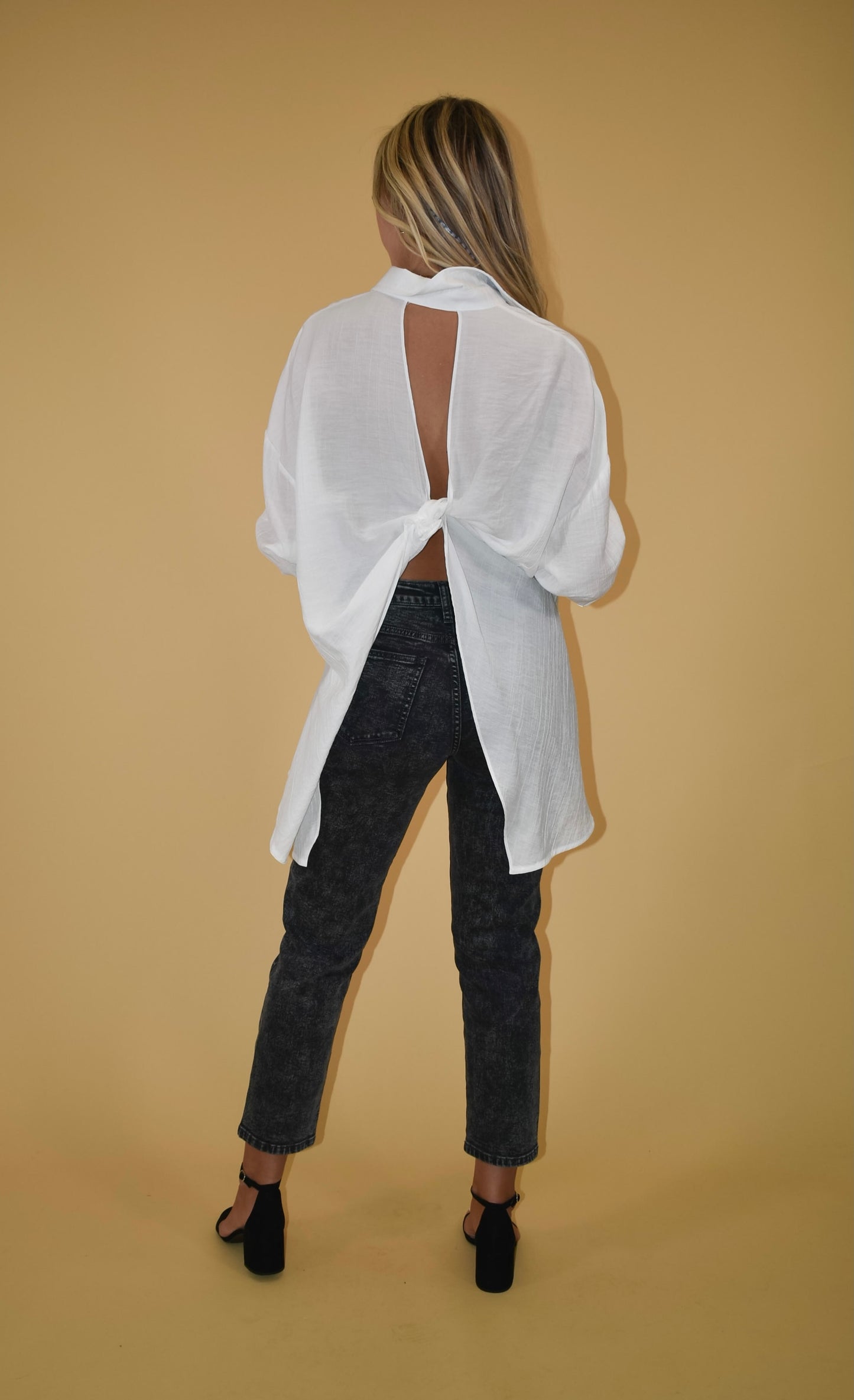 White Open Back Button Up Blouse