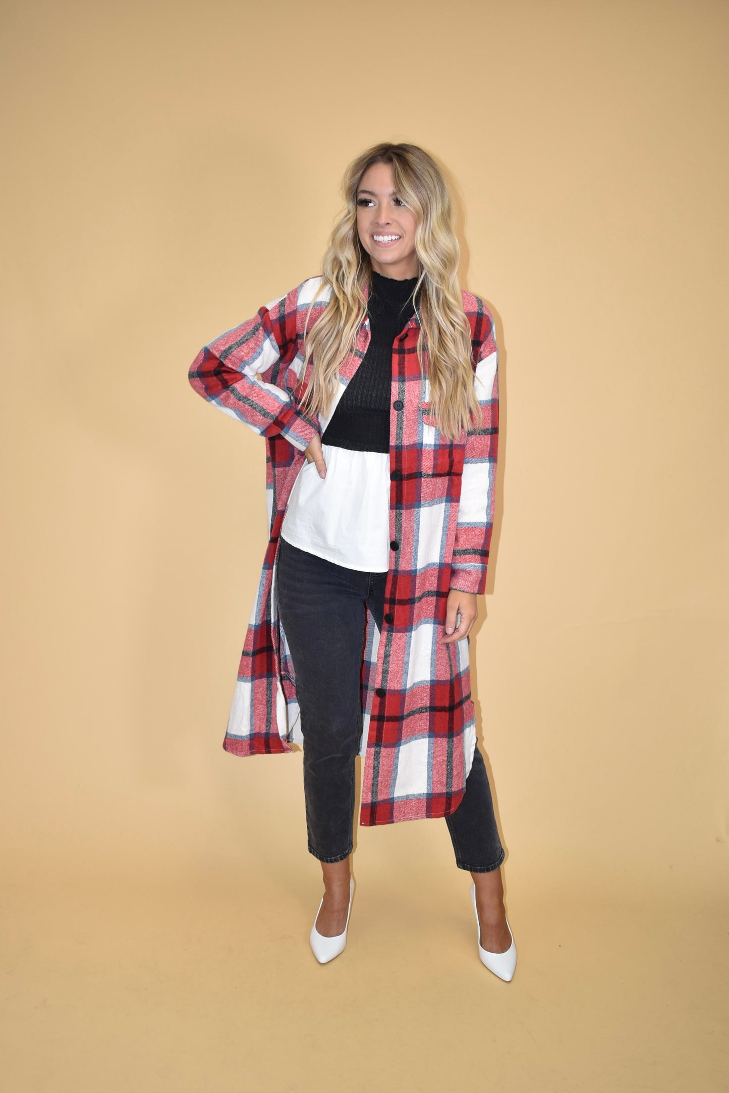 Red Flannel Coat Round Hemline