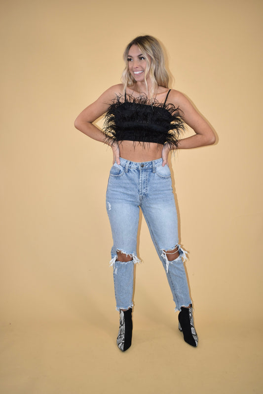 Black Suede Feather Crop Top