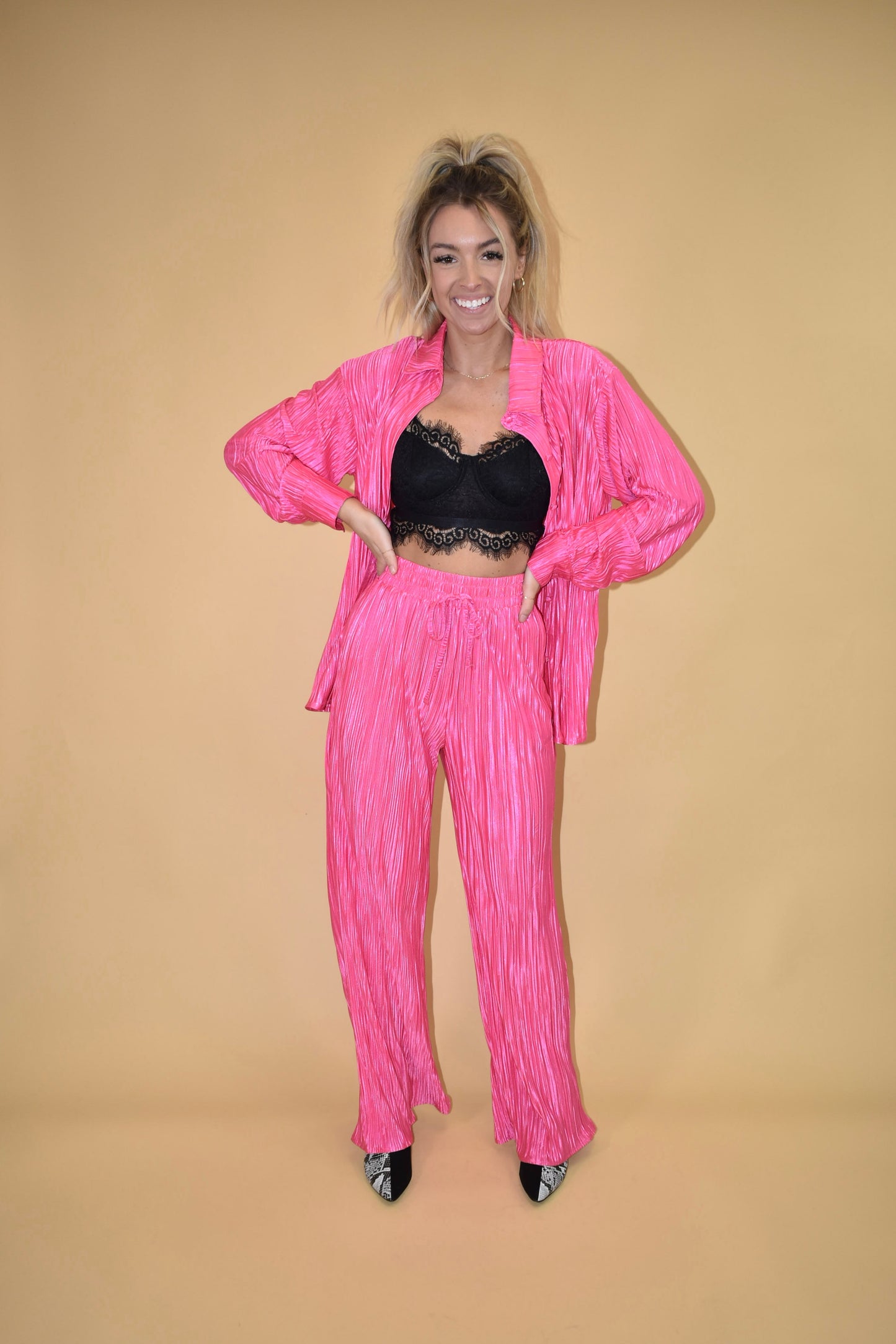 Hot Pink Pleated Wide Leg Pants (part of a matching set)