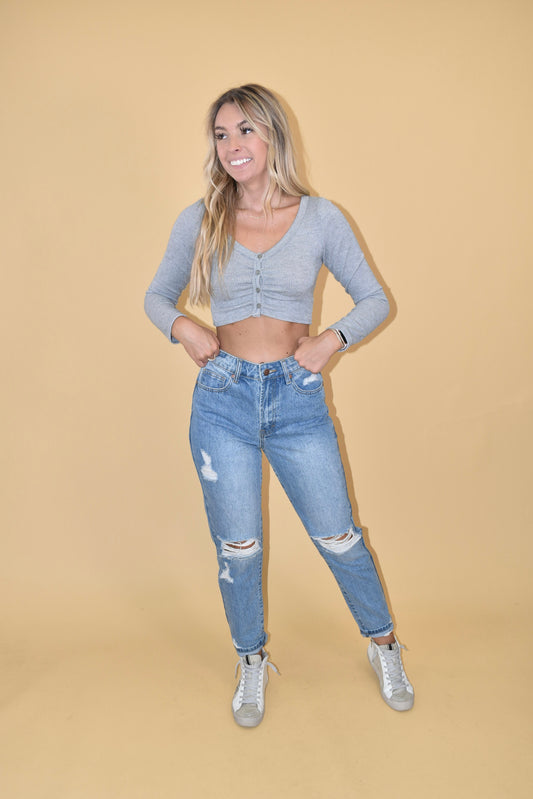 Heather Grey Knit Long Sleeve Crop Top PETITE