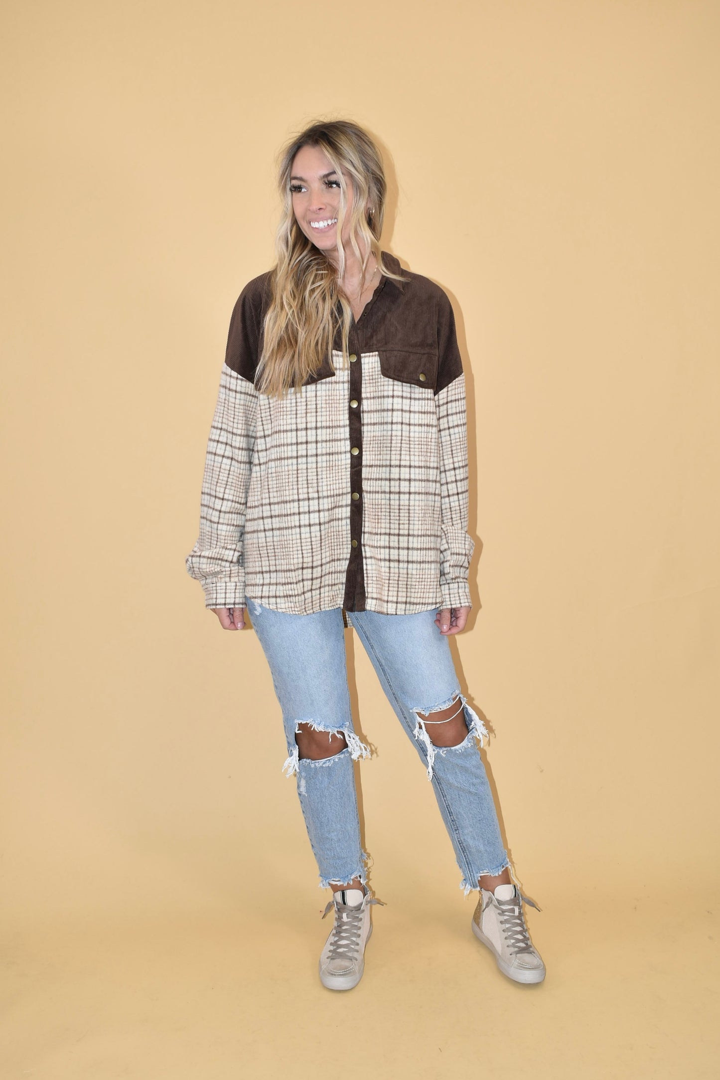 Corduroy Patchwork Plaid Shacket