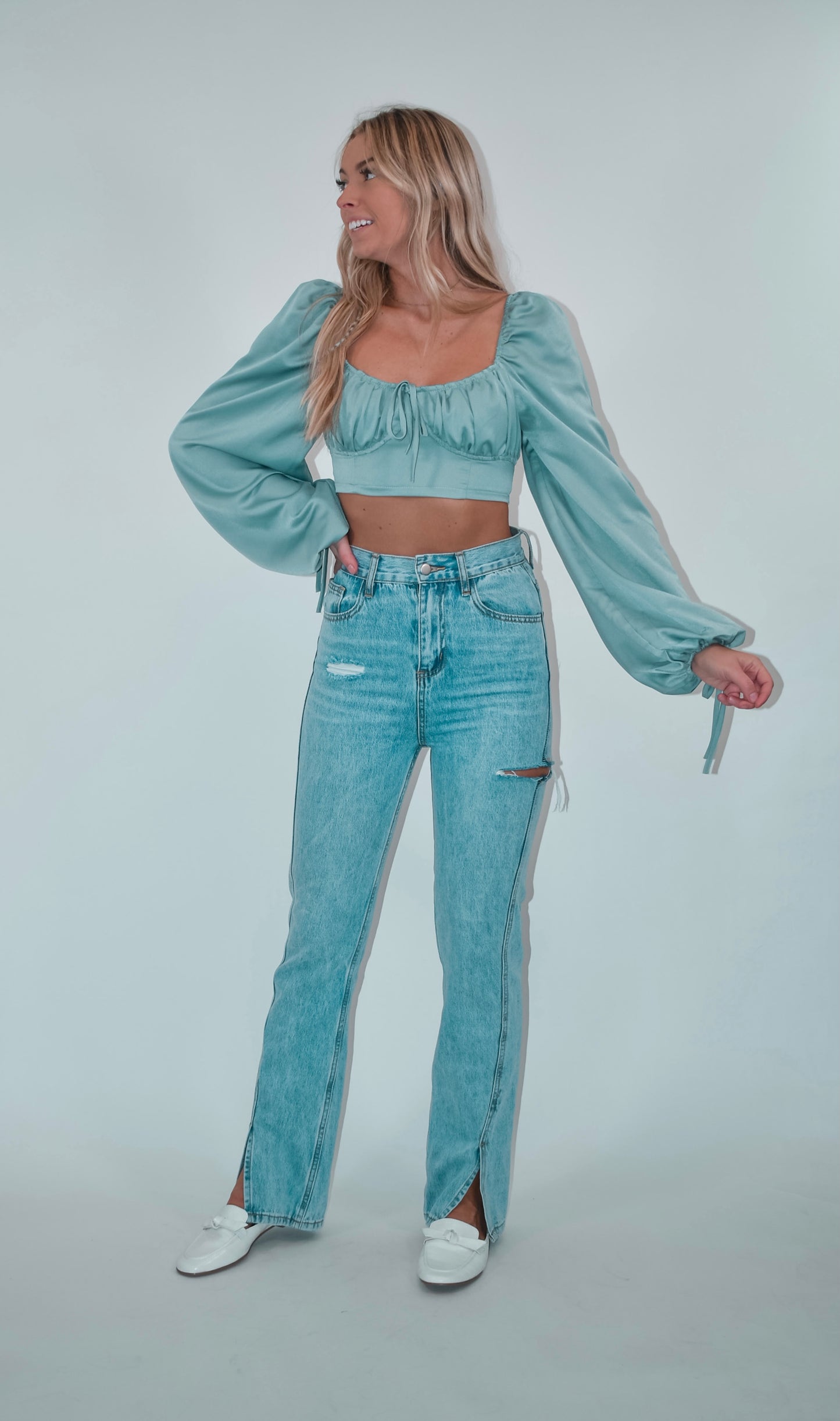 Sage Puff Long Sleeve Crop Top