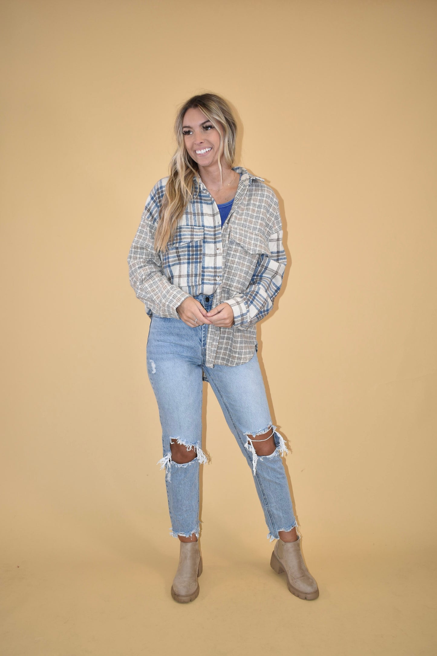 Blue Patchwork Plaid Shacket