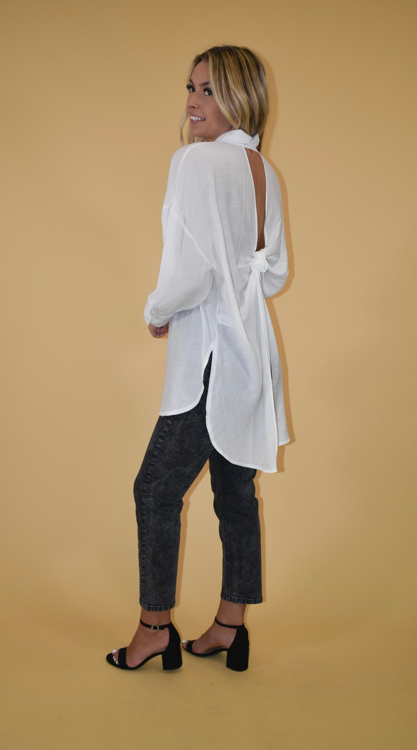 White Open Back Button Up Blouse