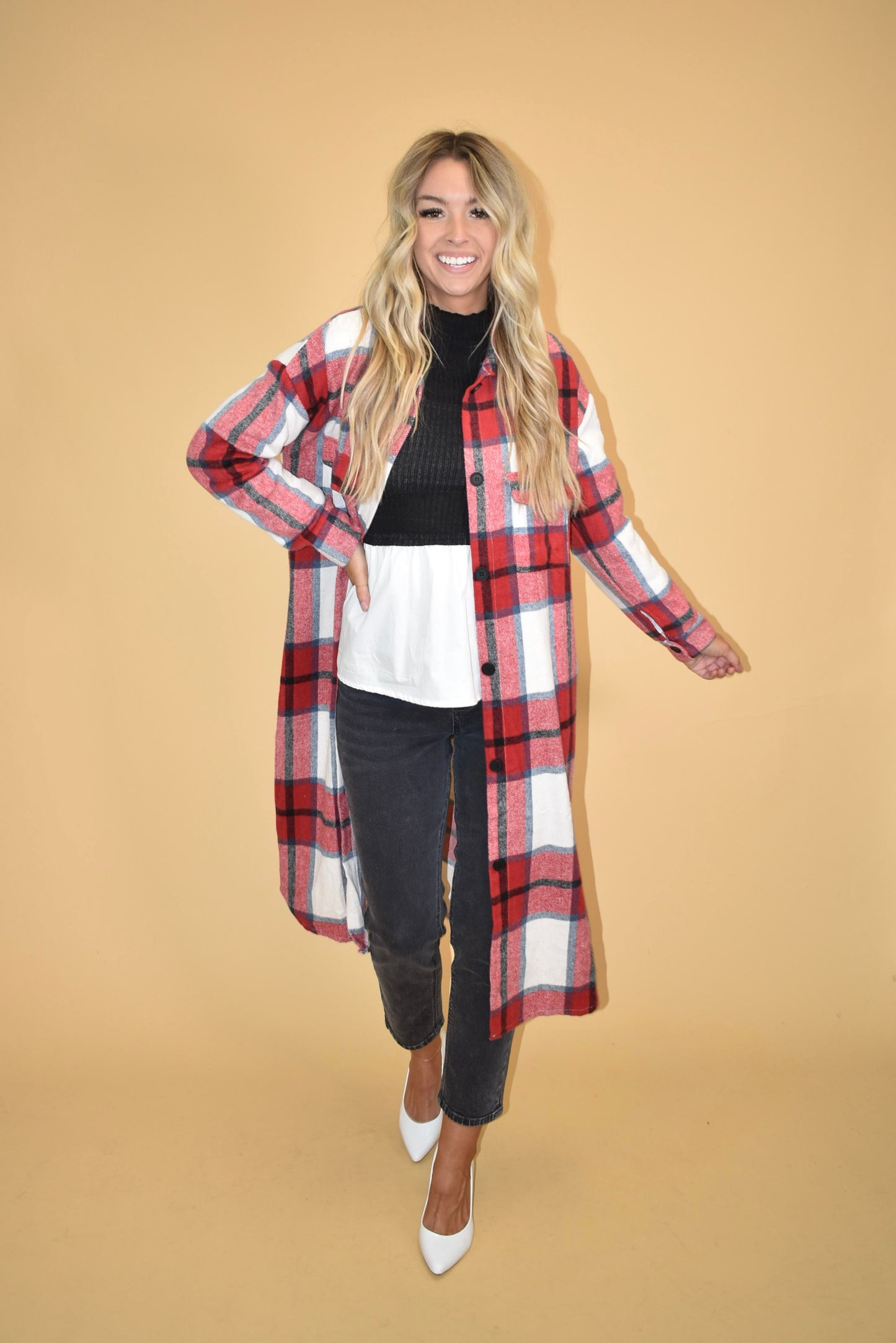 Red Flannel Coat Round Hemline