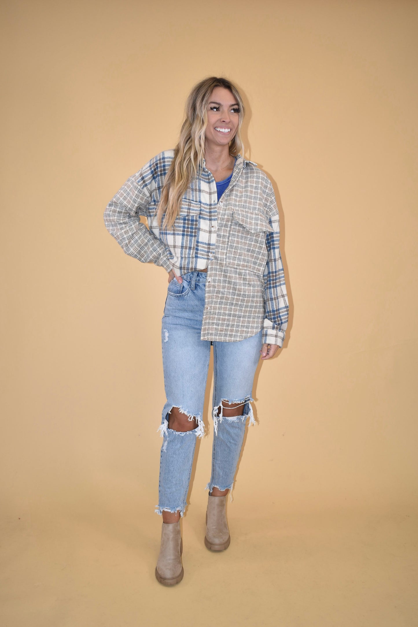 Blue Patchwork Plaid Shacket