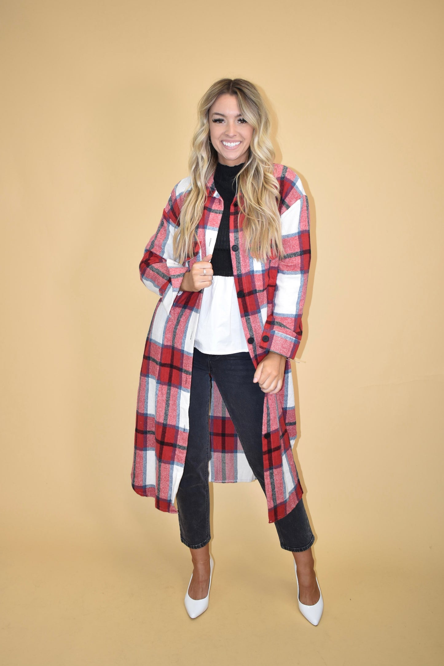 Red Flannel Coat Round Hemline