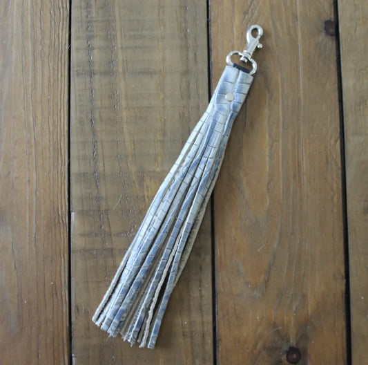 White & Blue Leather Fringe Keychain