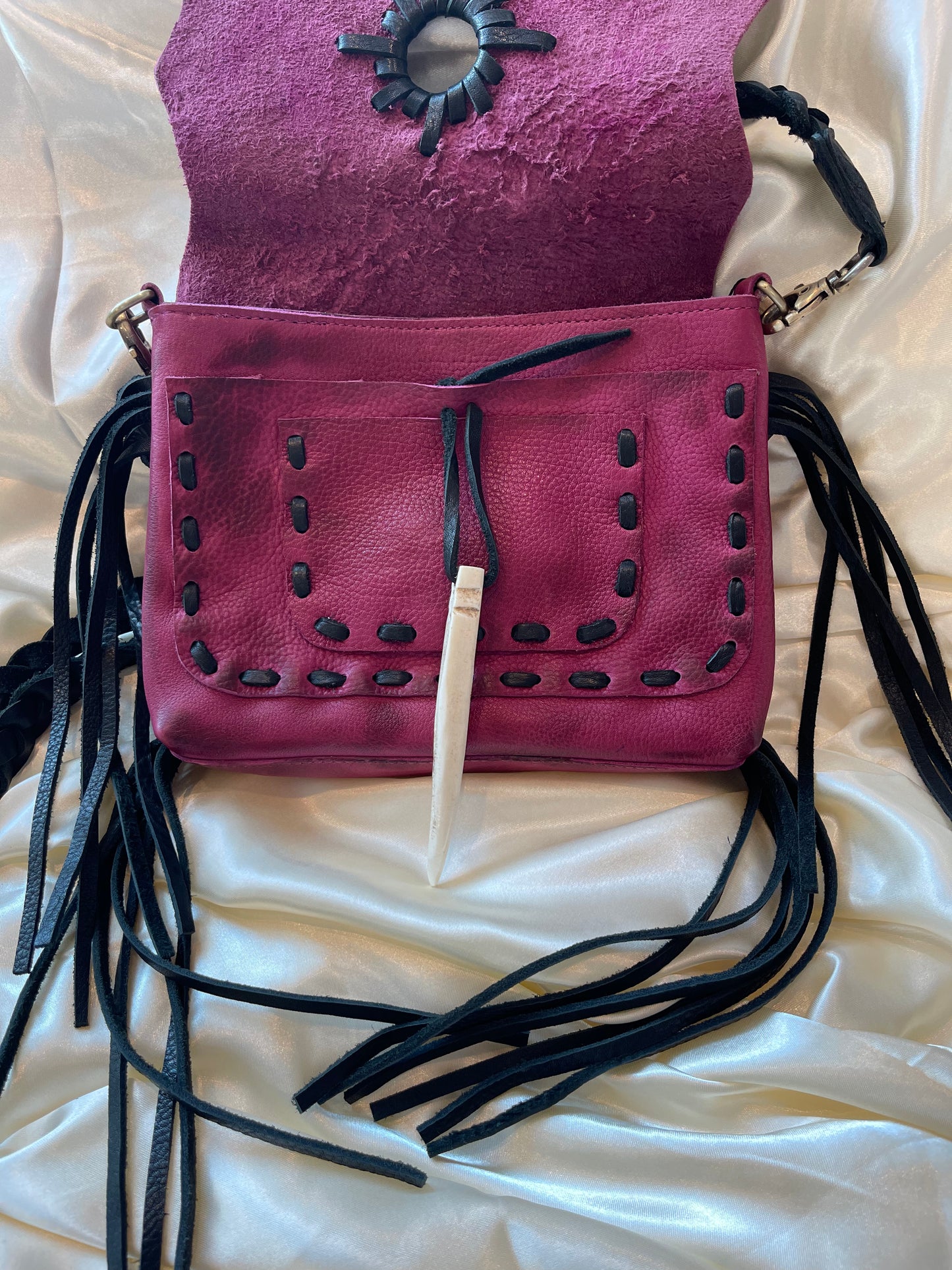 Fuchsia Leather Fringe Purse with Braided Strap - American Darling