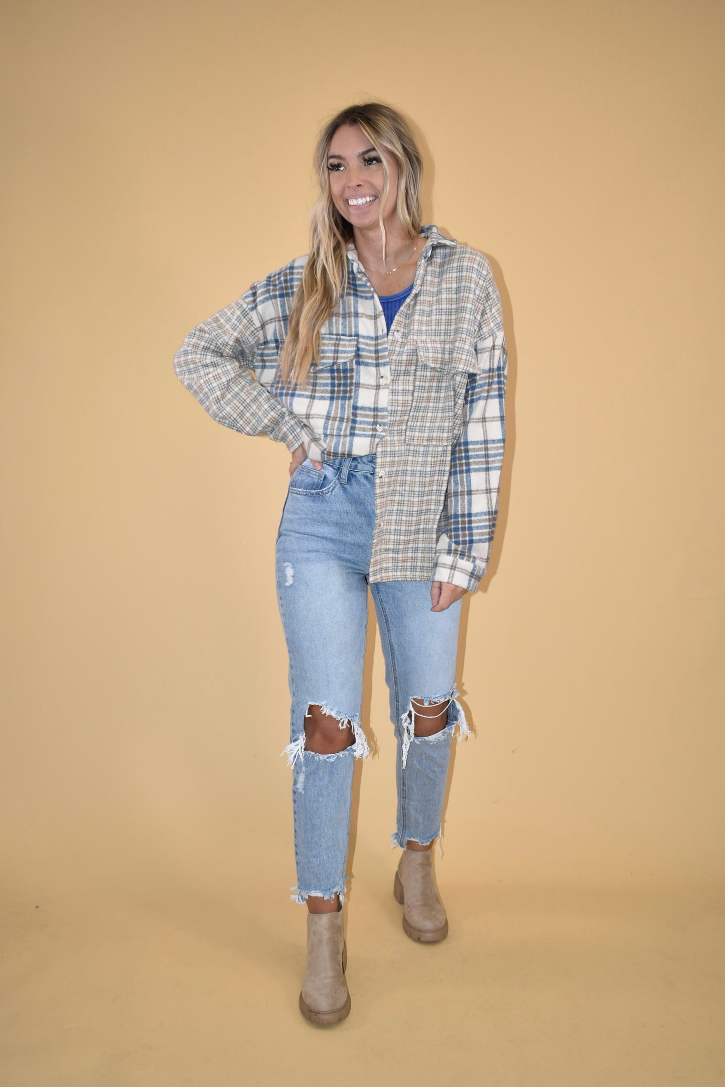 Blue Patchwork Plaid Shacket