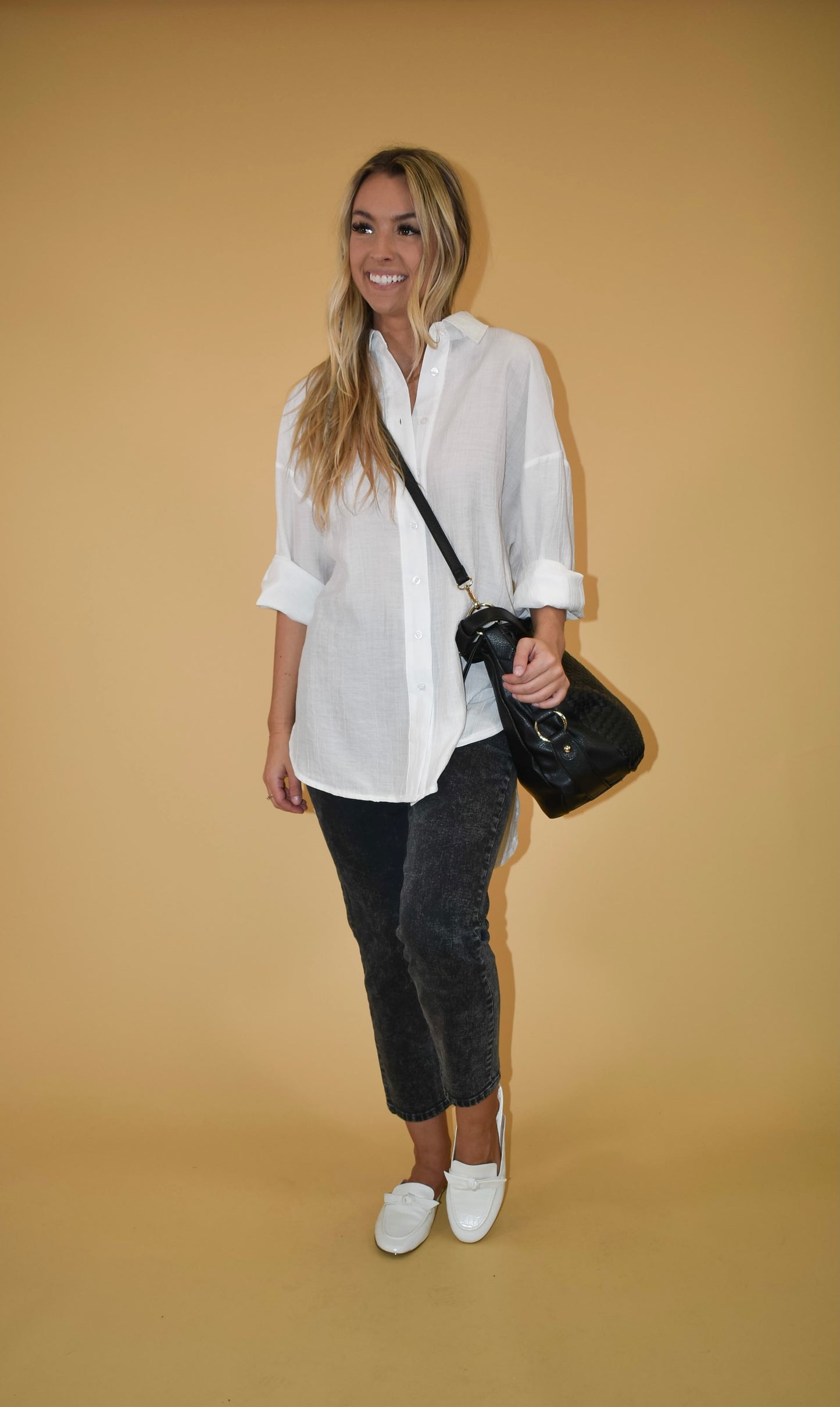 White Open Back Button Up Blouse