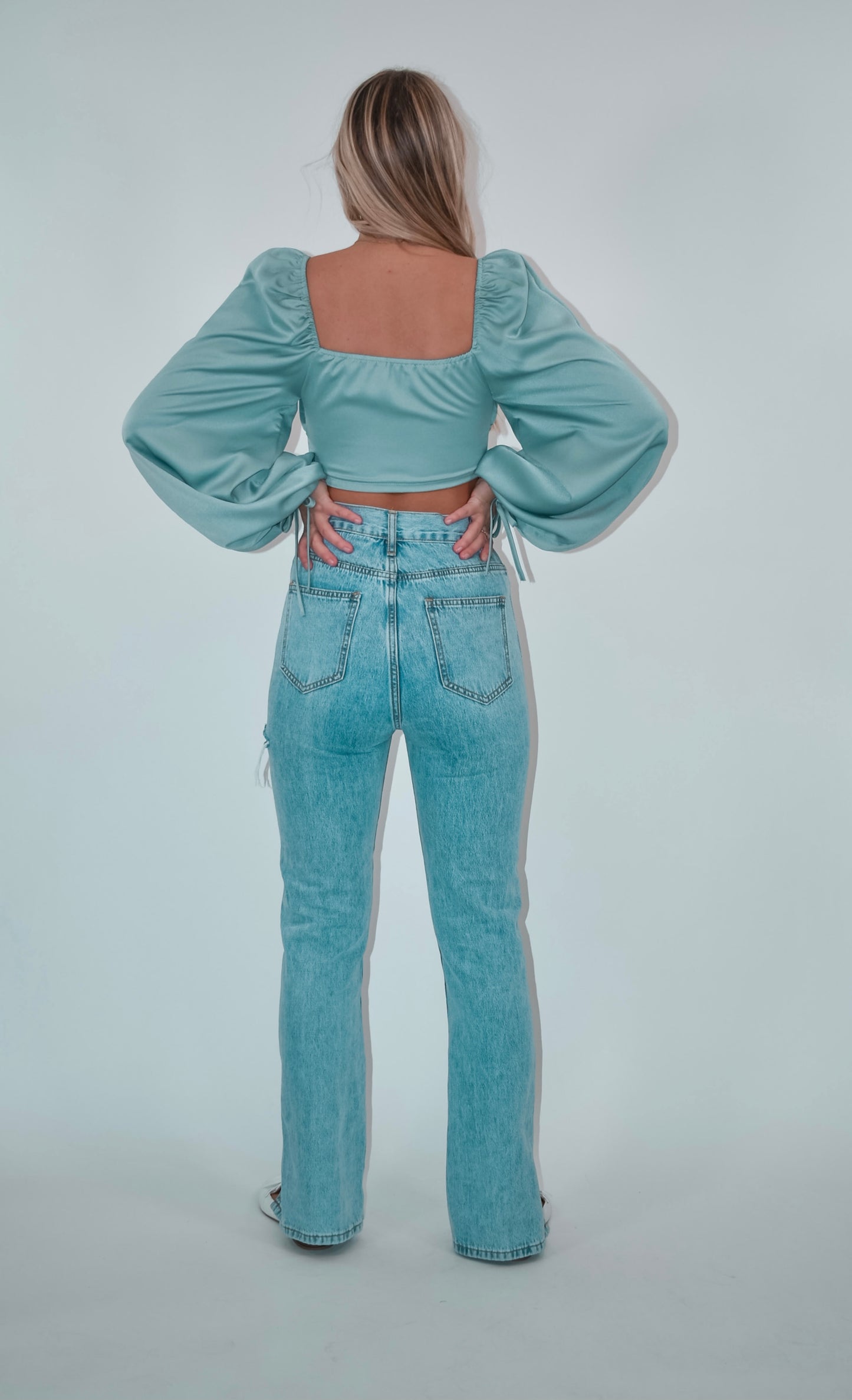 Sage Puff Long Sleeve Crop Top