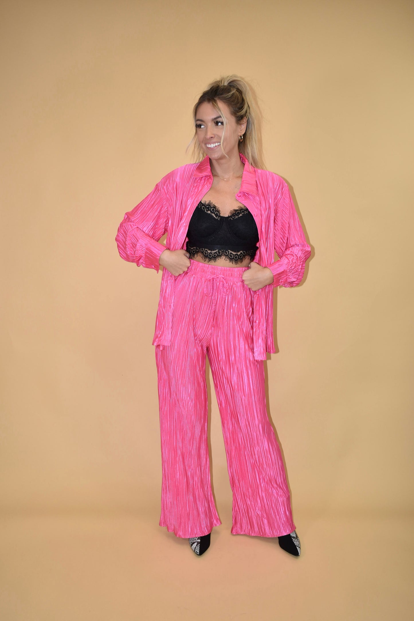 Hot Pink Pleated Wide Leg Pants (part of a matching set)