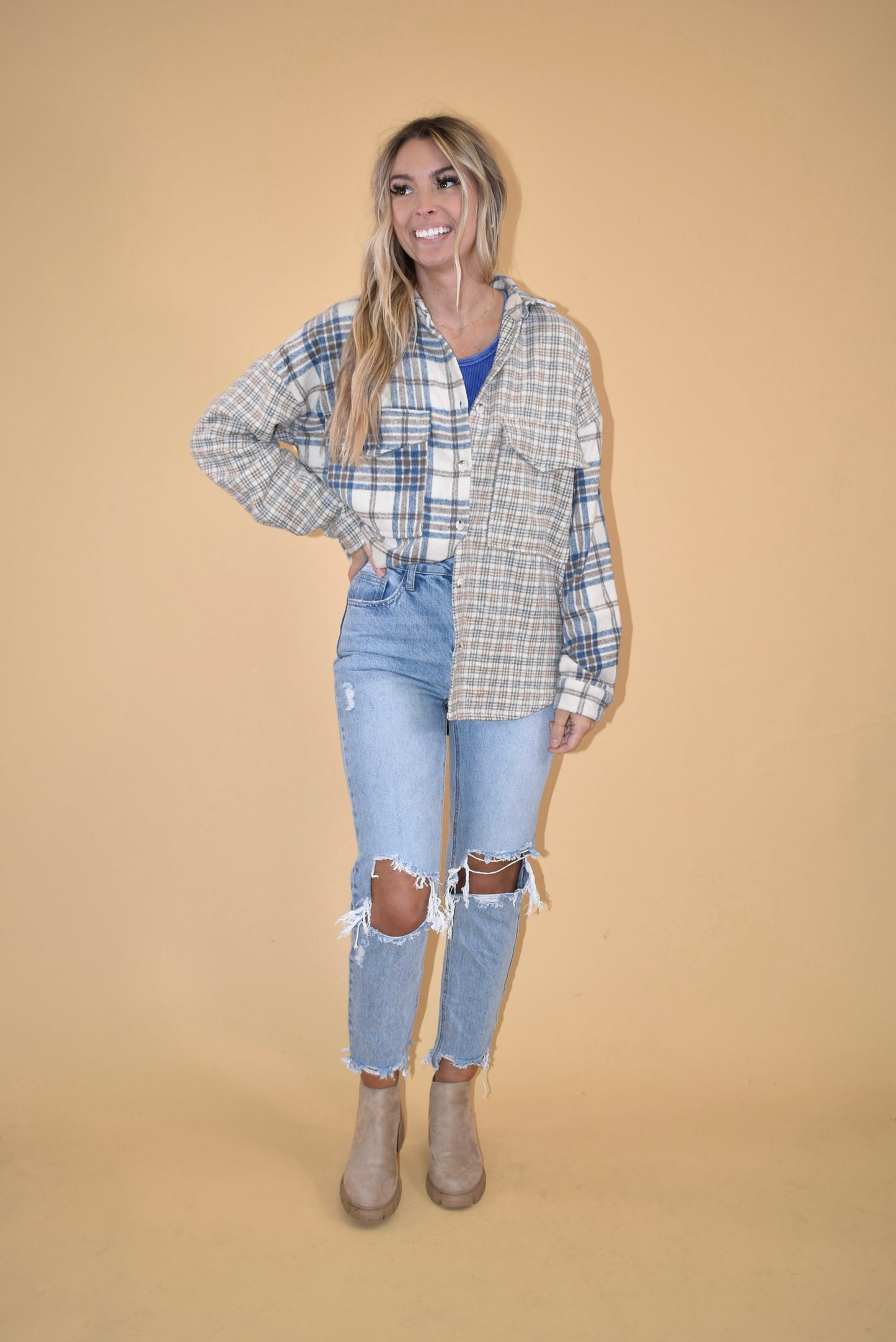 Blue Patchwork Plaid Shacket