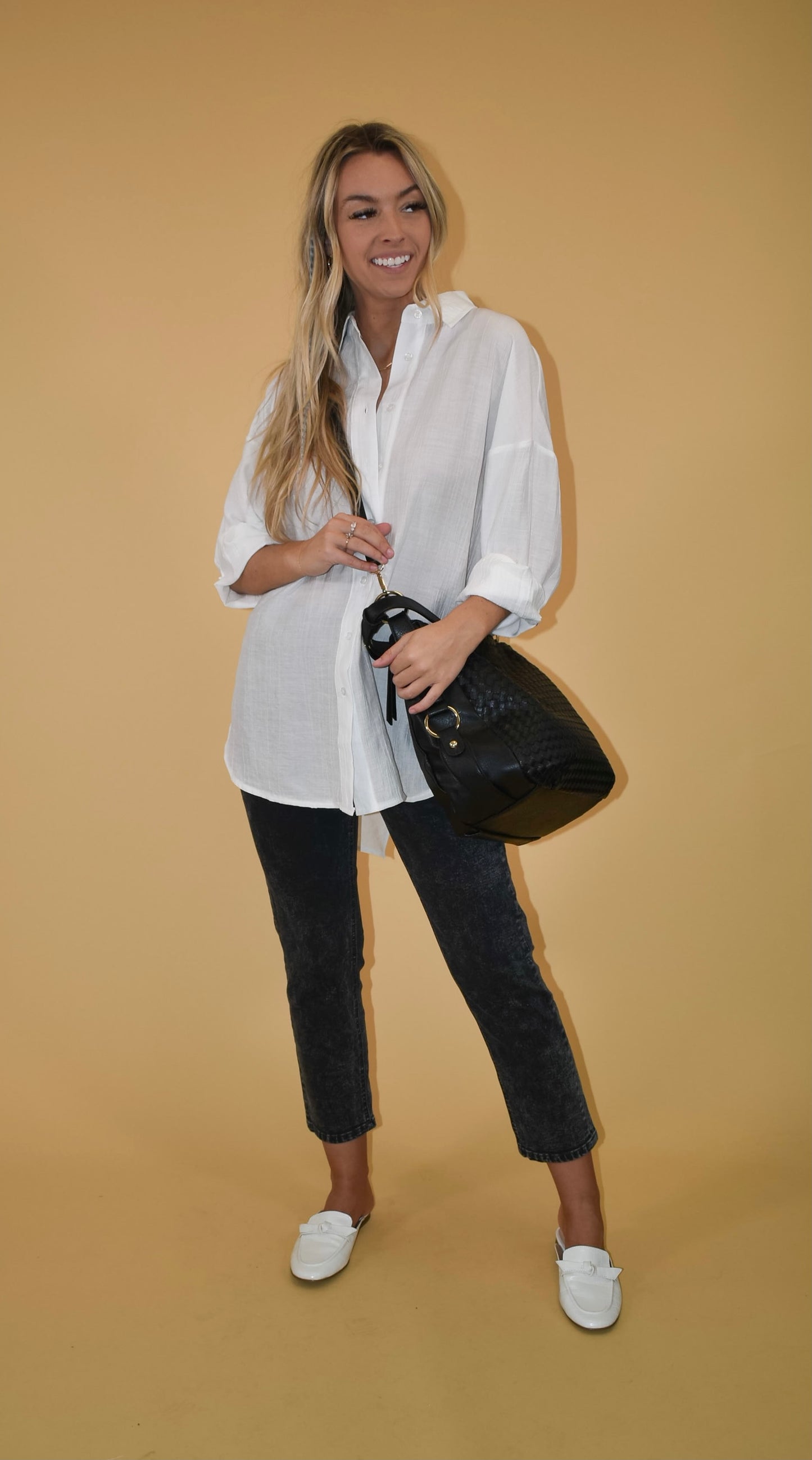 White Open Back Button Up Blouse