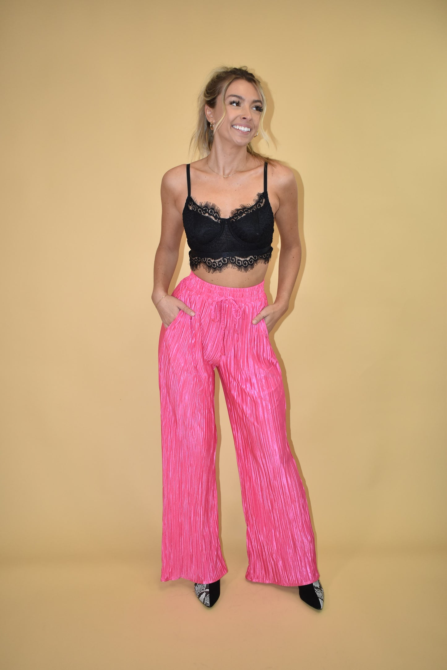 Hot Pink Pleated Wide Leg Pants (part of a matching set)