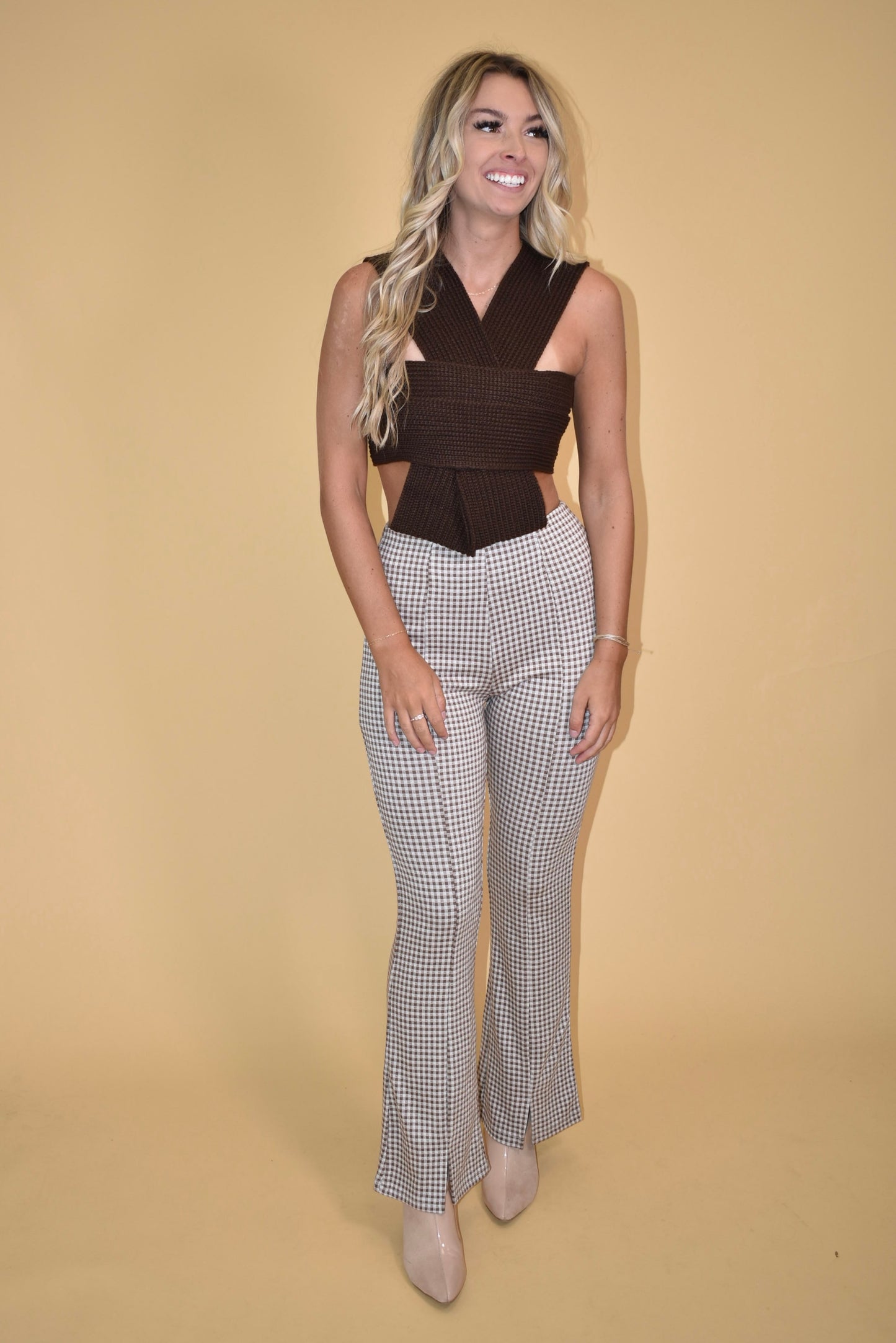 Mocha Gingham Knit Pants