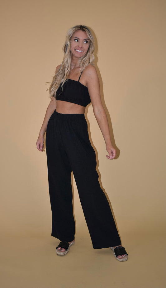 Black Linen Blend Bubble Crop Top