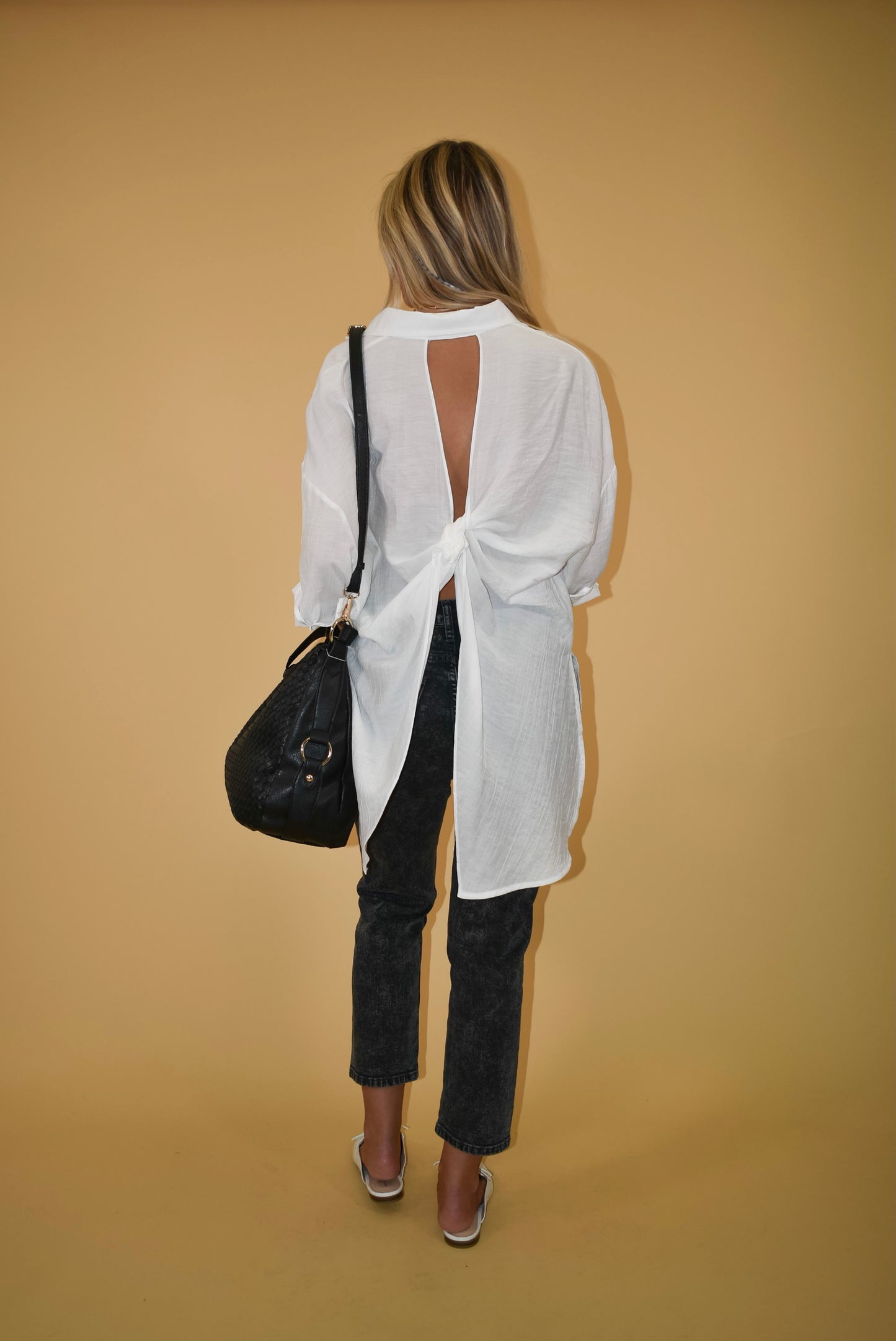 White Open Back Button Up Blouse