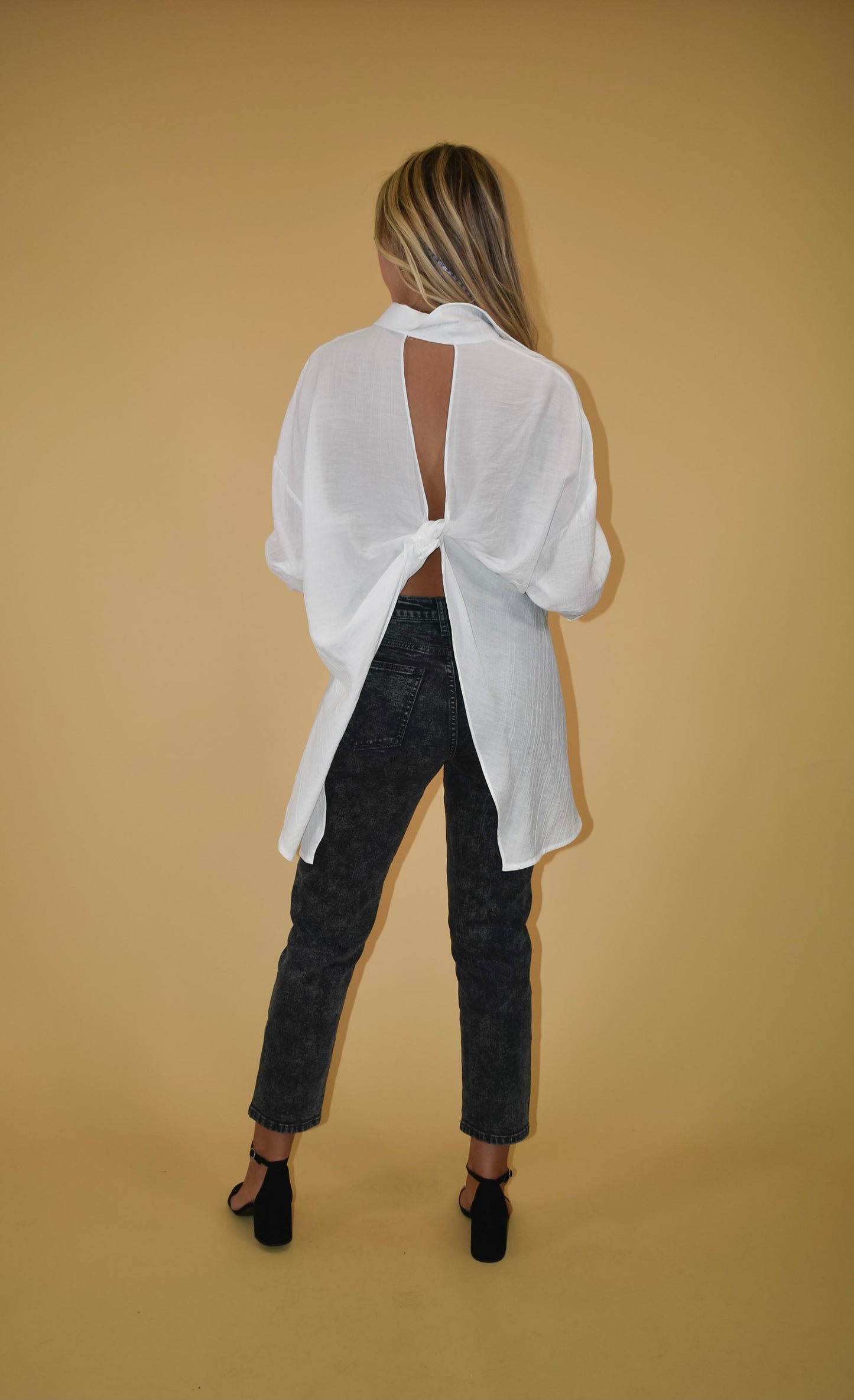 White Open Back Button Up Blouse